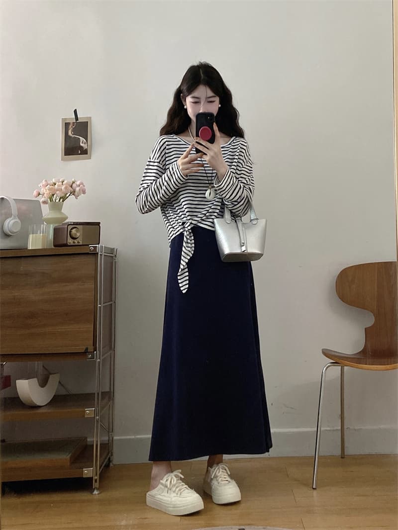 실사 얇은 스타일 스트라이프 얼음 실크 센스 풀오버 불규칙 자외선 차단 블라우스 슬립 무릎 아래 롱 스커트 패션 투피스 세트 상세 이미지 15