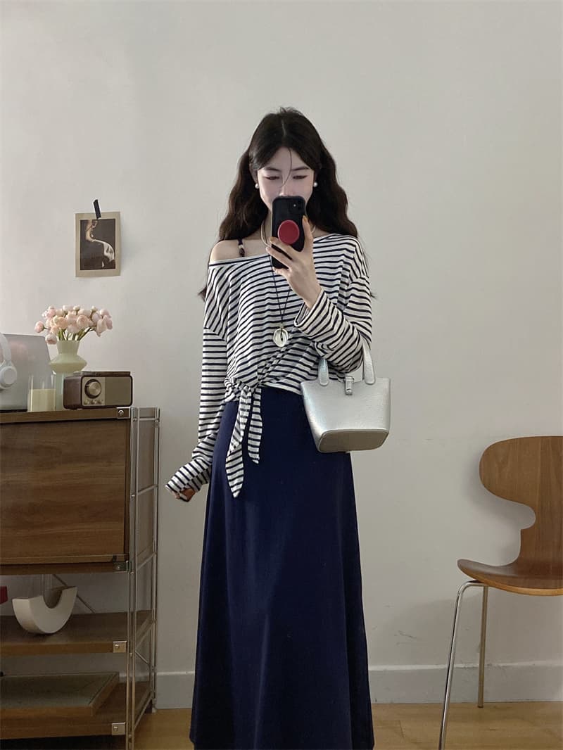 실사 얇은 스타일 스트라이프 얼음 실크 센스 풀오버 불규칙 자외선 차단 블라우스 슬립 무릎 아래 롱 스커트 패션 투피스 세트 상세 이미지 17