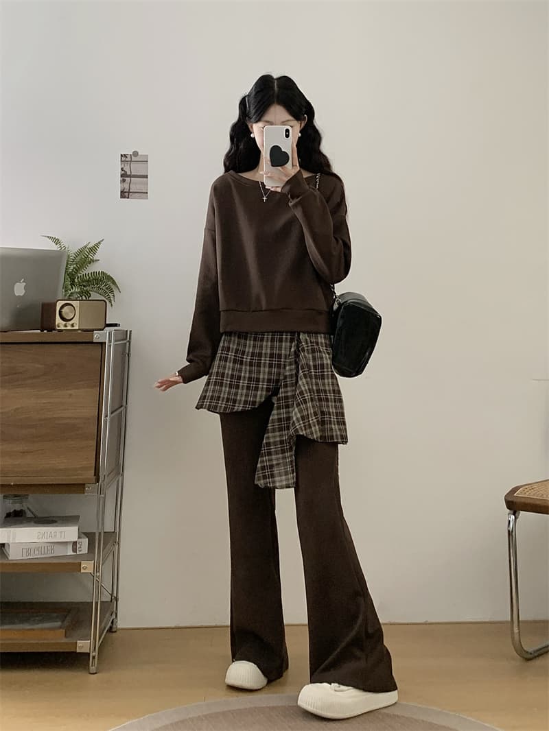 실사 캐주얼 투피스 세트 가을 외국 가스 풀오버 루즈핏 비스듬한 어깨 후드티 패치워크 체크무늬 부츠컷 바지 세트 상세 이미지 1
