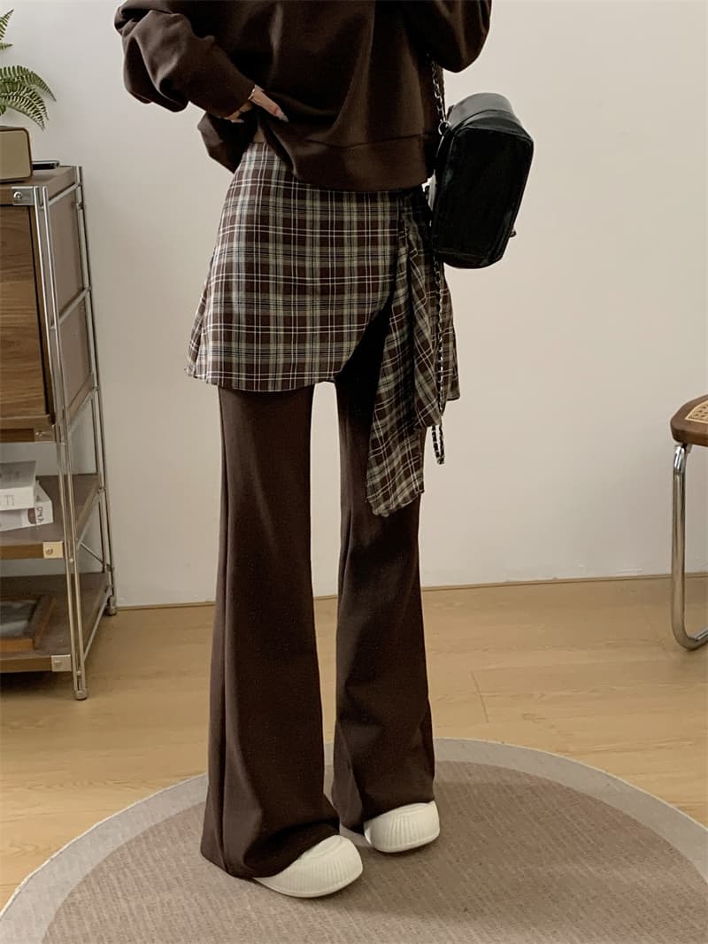 실사 캐주얼 투피스 세트 가을 외국 가스 풀오버 루즈핏 비스듬한 어깨 후드티 패치워크 체크무늬 부츠컷 바지 세트 상세 이미지 8