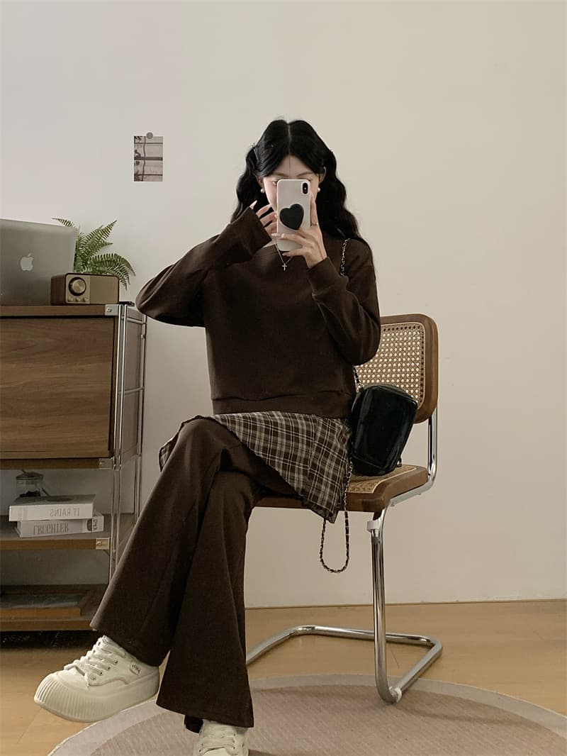 실사 캐주얼 투피스 세트 가을 외국 가스 풀오버 루즈핏 비스듬한 어깨 후드티 패치워크 체크무늬 부츠컷 바지 세트 상세 이미지 9