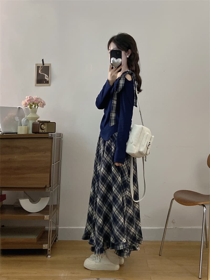 실사 2025 봄 가을 오프숄더 나비 매듭 긴팔 맨위 체크무늬 반신 스커트 두 조각 치마 여성 패션 세트 상세 이미지 22