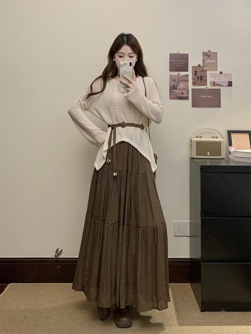 실사 프랑스식 자이언트 잘 생긴 긴팔 반신 스커트 여성 조기 가을 2026 새로운 품격 전체 집합 착용 가져 가라.