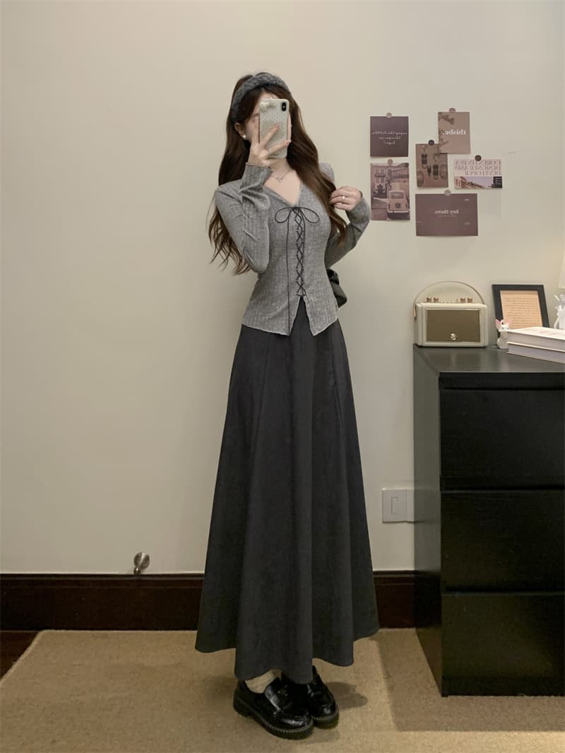 실사 봄 부드러운 바람 레이스업 V넥 몸매 가꾸기 슬림해 보이는 니트 스웨터 맨위 반신 스커트 고급 센스 투피스 슈트 상세 이미지 9
