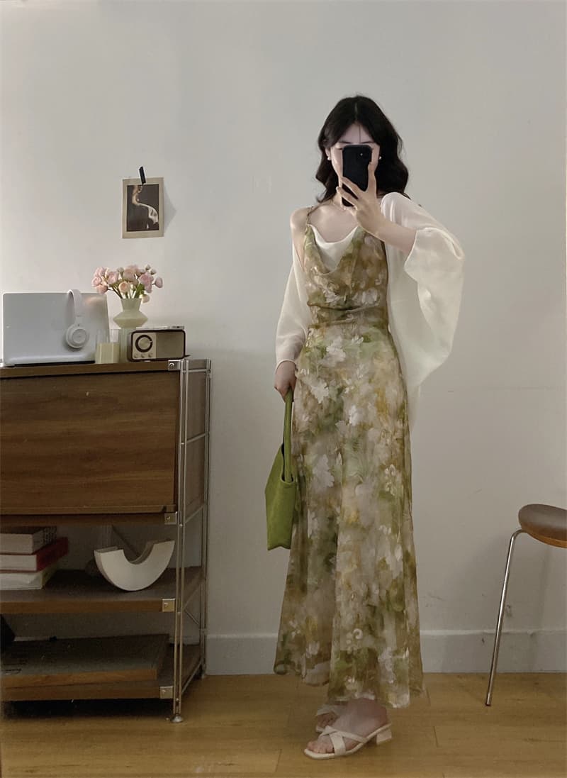 실사 빅 사이즈 흔들다 칼라 배색 몸매 가꾸기 행침 목 슬립 휴가 바람 드레스 여름 투피스 슈트 상세 이미지 6
