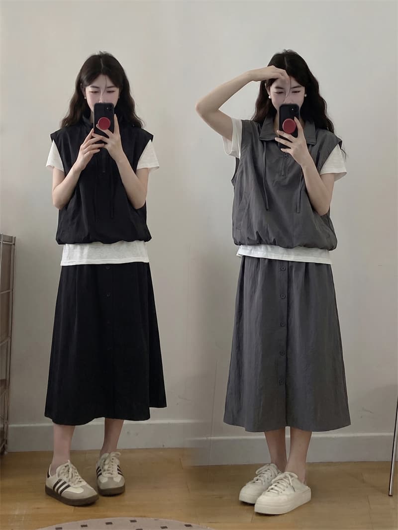 실사 워크웨어 바람 페이크 레이어드 패치워크 배색 스탠드 칼라 조끼 반신 스커트 두 조각 여성 세트 여름 새로운 세트