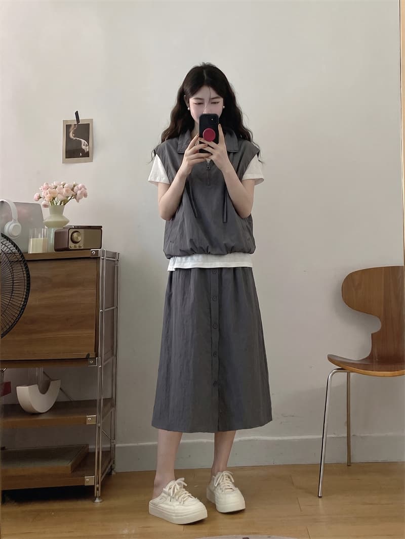 실사 워크웨어 바람 페이크 레이어드 패치워크 배색 스탠드 칼라 조끼 반신 스커트 두 조각 여성 세트 여름 새로운 세트 상세 이미지 9
