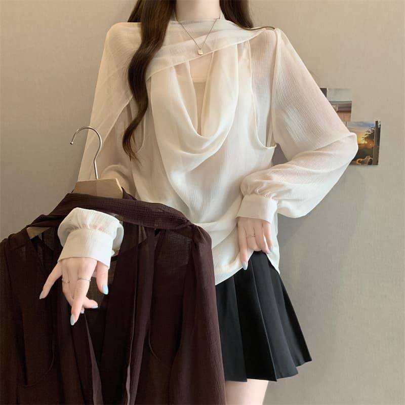 2026 년 프랑스식 Tulle 마이크로 ~을 통해 숄 칼라 페이크 레이어드 행침 목 리본 여성 셔츠 가을 해체 디자인 작은 셔츠 이미지 2