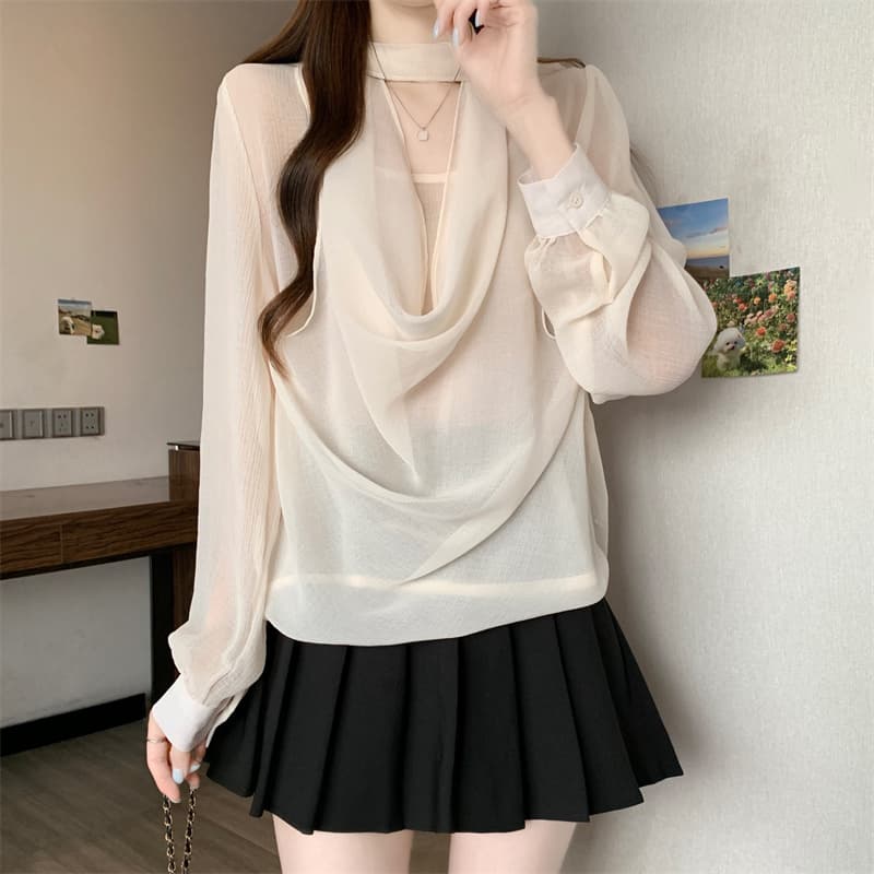 2026 년 프랑스식 Tulle 마이크로 ~을 통해 숄 칼라 페이크 레이어드 행침 목 리본 여성 셔츠 가을 해체 디자인 작은 셔츠 이미지 4