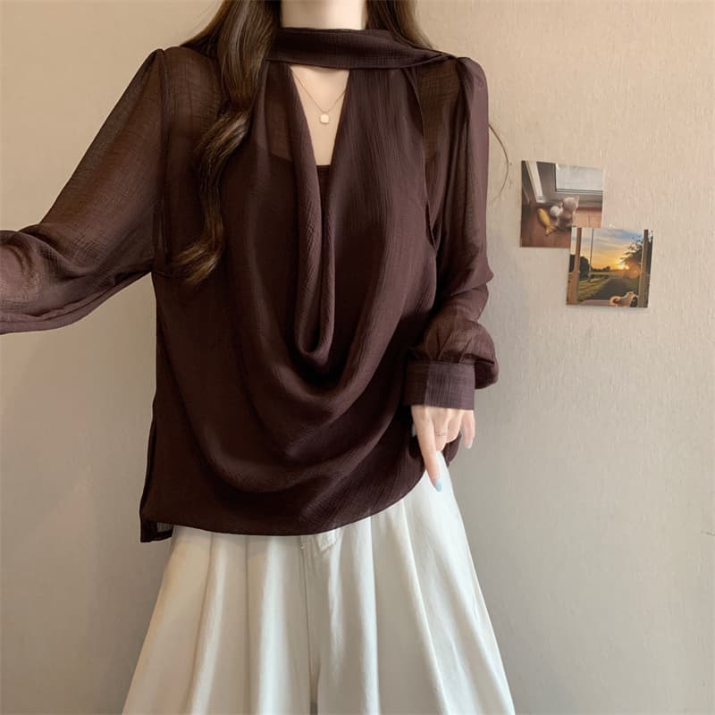 2026 년 프랑스식 Tulle 마이크로 ~을 통해 숄 칼라 페이크 레이어드 행침 목 리본 여성 셔츠 가을 해체 디자인 작은 셔츠 이미지 6