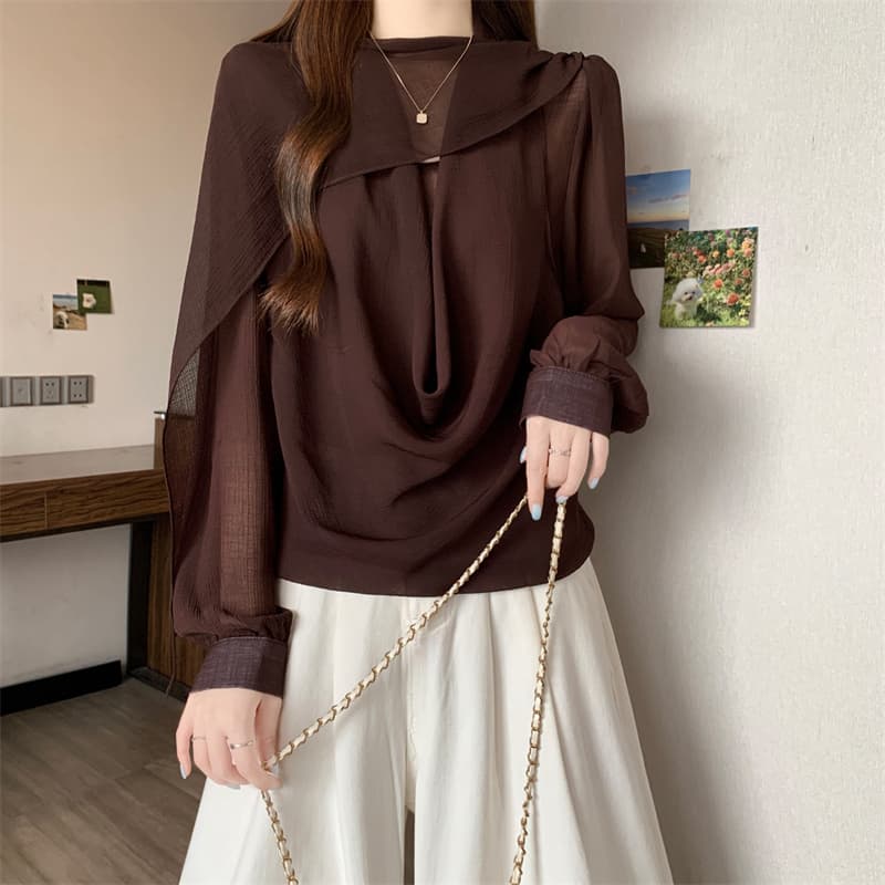 2026 년 프랑스식 Tulle 마이크로 ~을 통해 숄 칼라 페이크 레이어드 행침 목 리본 여성 셔츠 가을 해체 디자인 작은 셔츠 상세 이미지 5
