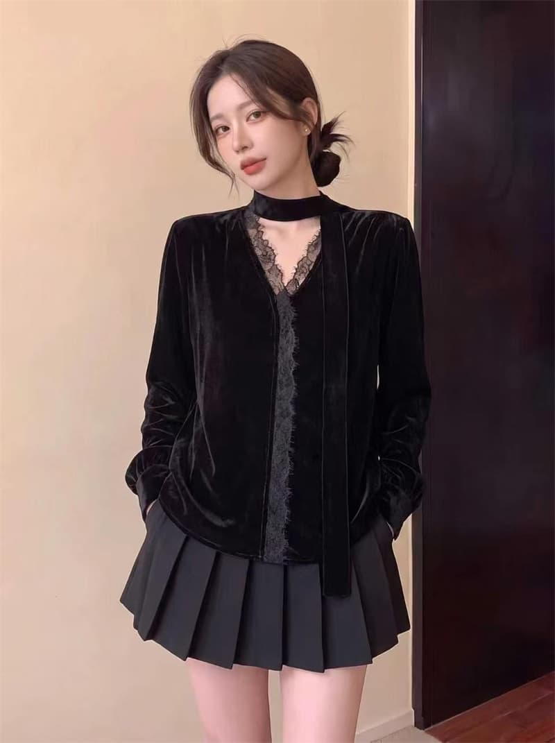 실사 한 부서 고급 디자인 센스 리본 벨벳 맨위 가을 새로운 품격 슬림해 보이는 다용도 셔츠 여성 상세 이미지 4