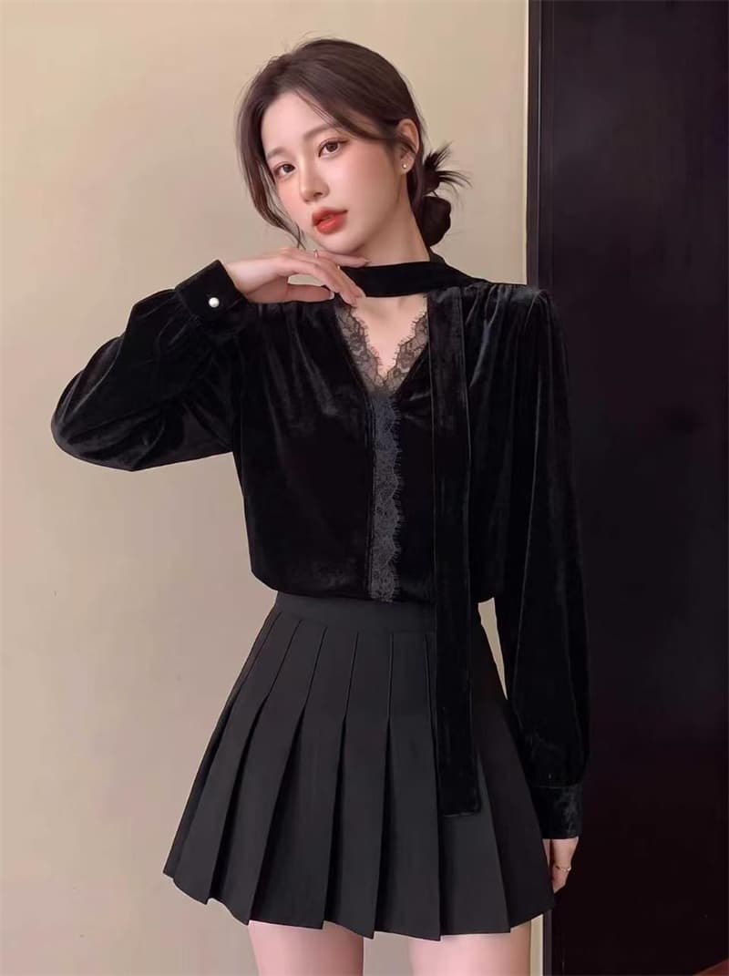 실사 한 부서 고급 디자인 센스 리본 벨벳 맨위 가을 새로운 품격 슬림해 보이는 다용도 셔츠 여성 상세 이미지 5