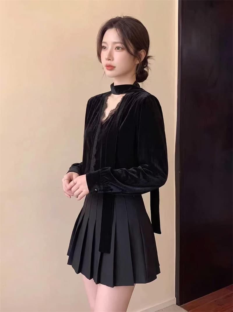 실사 한 부서 고급 디자인 센스 리본 벨벳 맨위 가을 새로운 품격 슬림해 보이는 다용도 셔츠 여성 상세 이미지 7