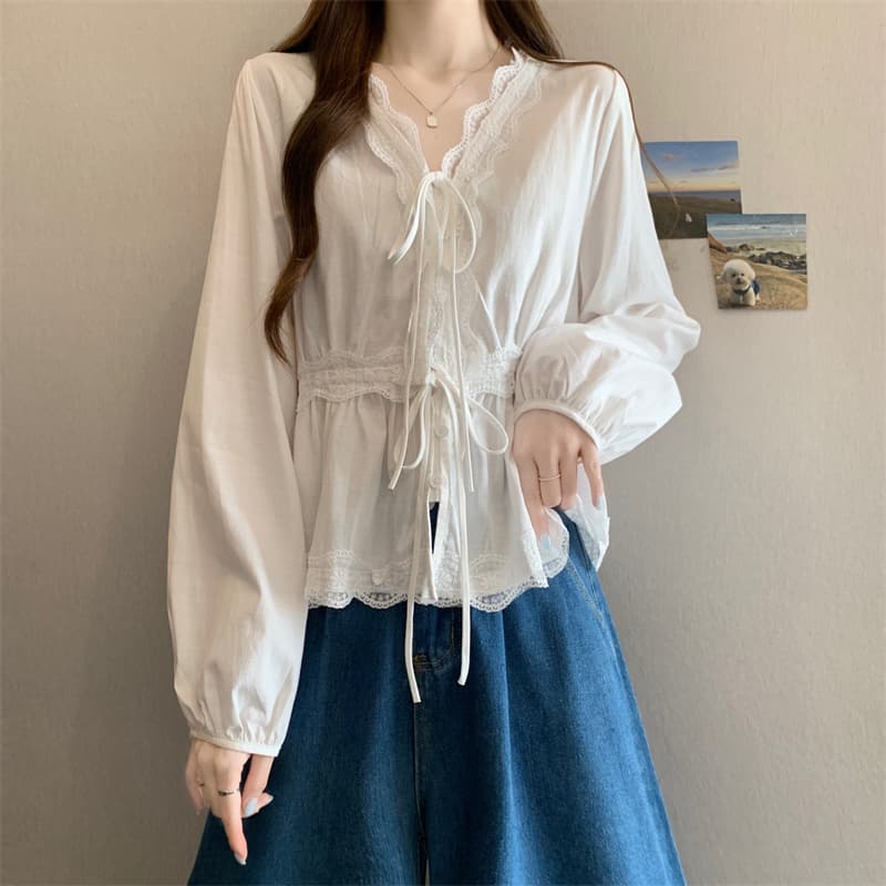 실사 레이스 레이스 V넥 긴팔 여성 셔츠 봄 여름 루즈핏 연령 감소 슬림해 보이는 레이스업 디자인 센스 맨위 상세 이미지 12