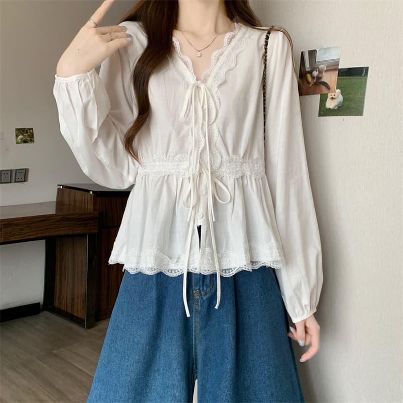 실사 레이스 레이스 V넥 긴팔 여성 셔츠 봄 여름 루즈핏 연령 감소 슬림해 보이는 레이스업 디자인 센스 맨위 상세 이미지 15