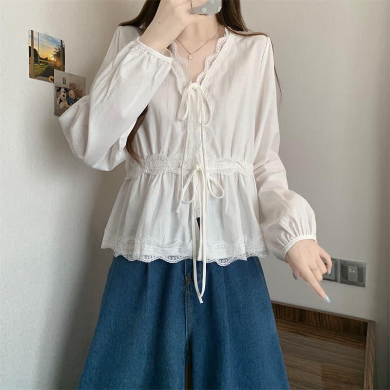 실사 레이스 레이스 V넥 긴팔 여성 셔츠 봄 여름 루즈핏 연령 감소 슬림해 보이는 레이스업 디자인 센스 맨위 상세 이미지 18