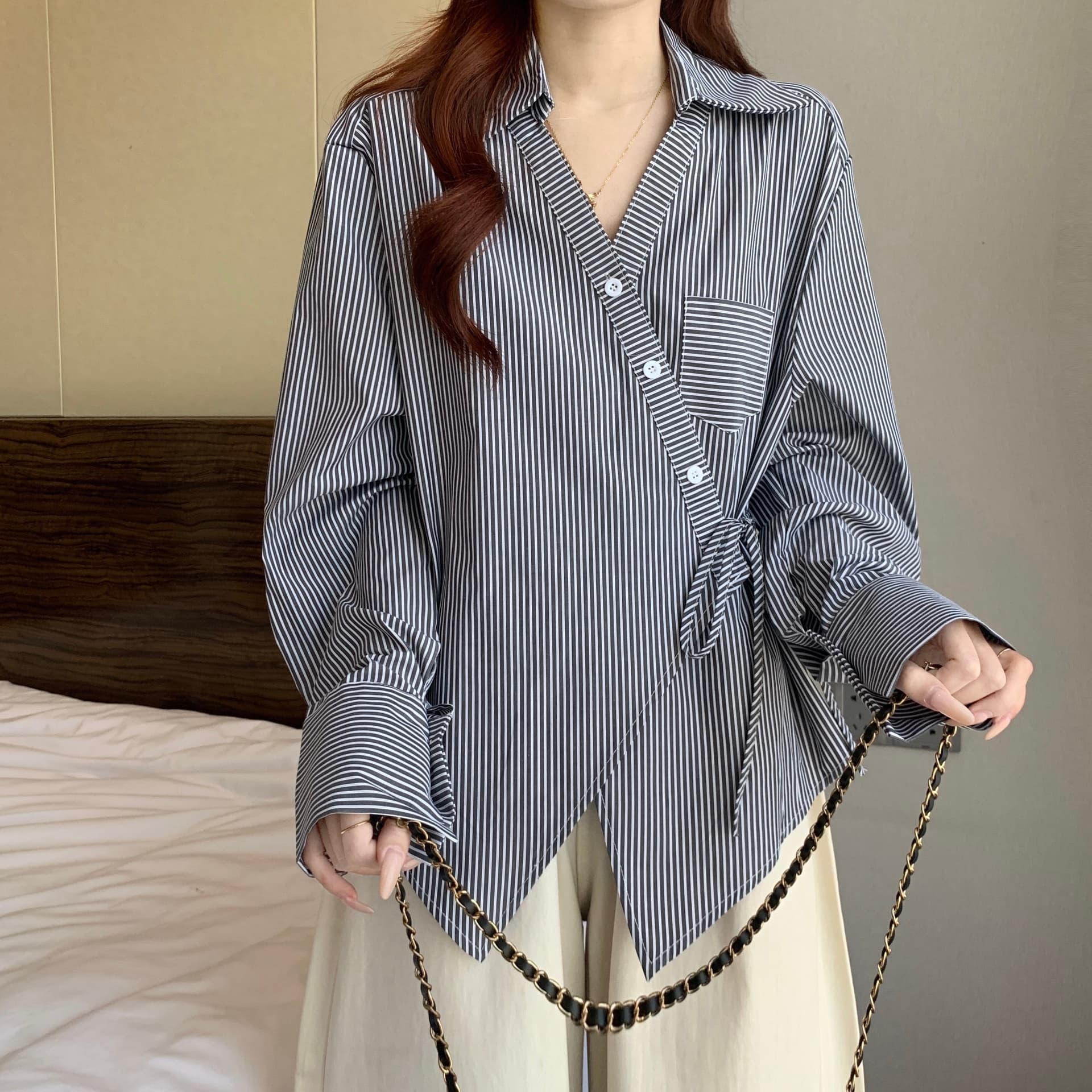 파란색 스트라이프 V넥 긴팔 만나는 여성 셔츠 봄 새로운 빅 사이즈 지방 mm 불규칙 레이스업 허리 수축 맨위 상세 이미지 19