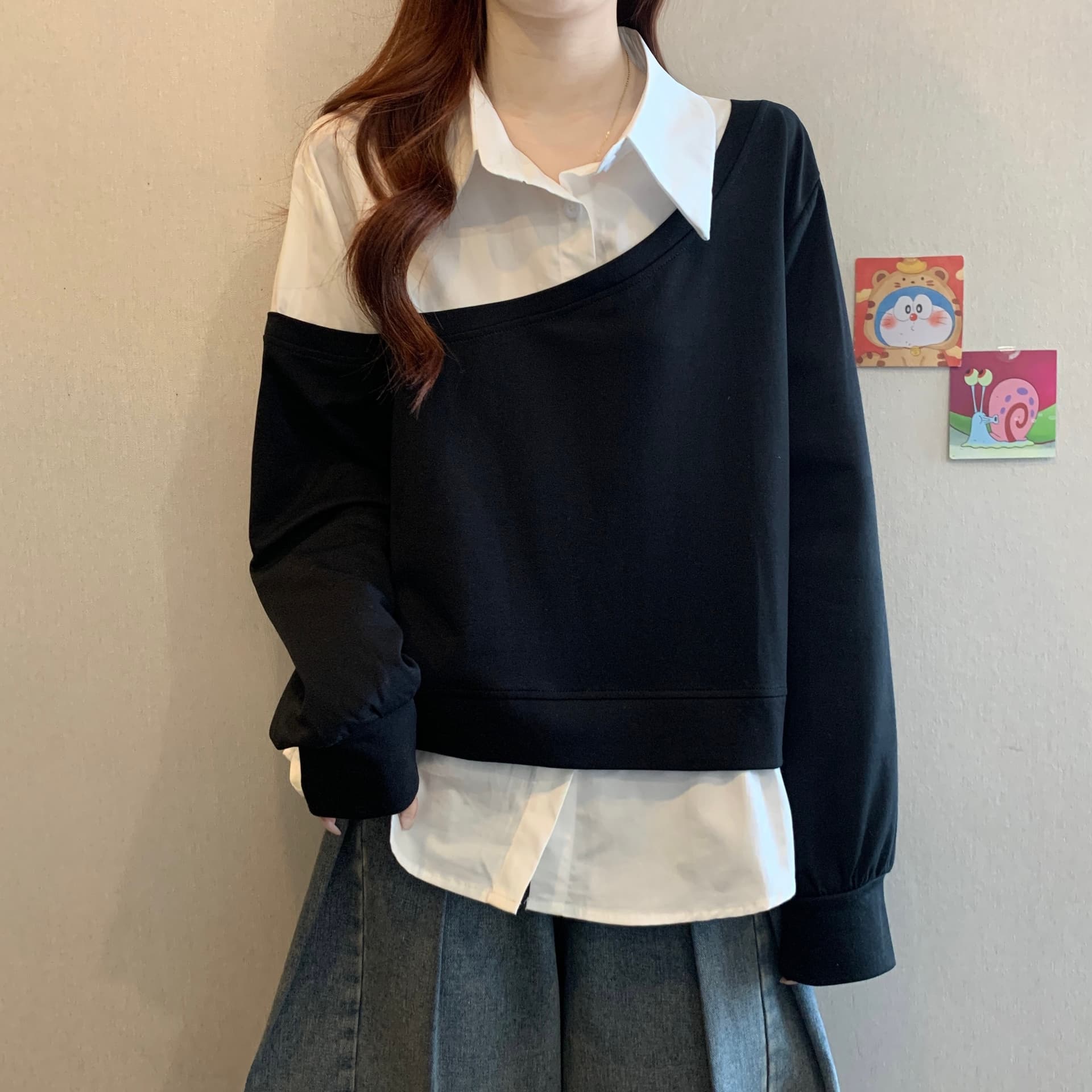 페이크 레이어드 셔츠 패치워크 긴팔 후드티 여자 봄 2026 빅 사이즈 지방 mm 슬림해 보이는 POLO 칼라 만나는 맨위 상세 이미지 14
