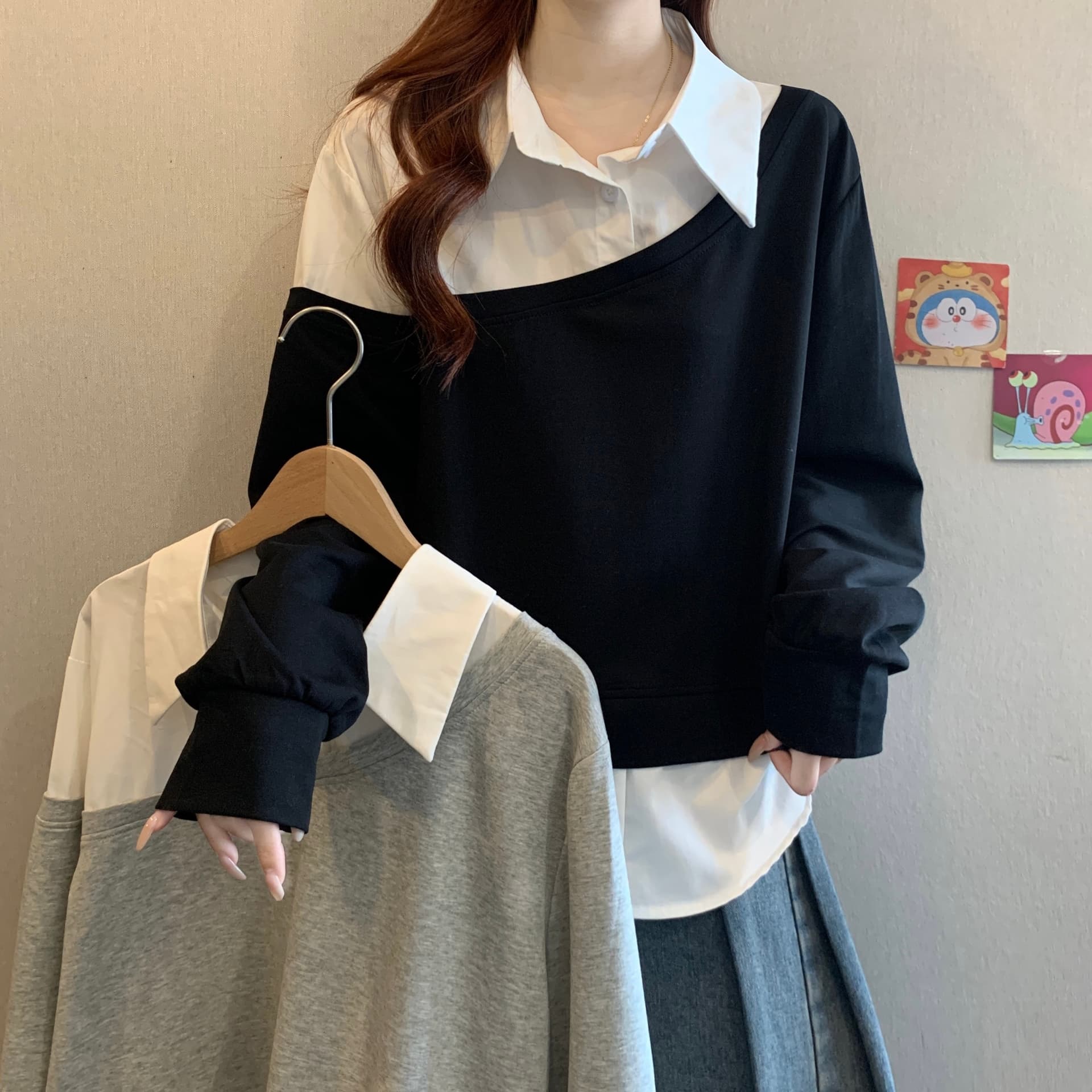 페이크 레이어드 셔츠 패치워크 긴팔 후드티 여자 봄 2026 빅 사이즈 지방 mm 슬림해 보이는 POLO 칼라 만나는 맨위 상세 이미지 15