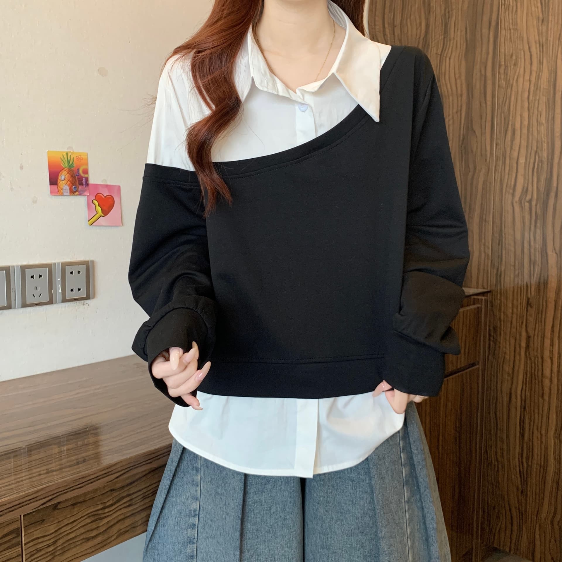 페이크 레이어드 셔츠 패치워크 긴팔 후드티 여자 봄 2026 빅 사이즈 지방 mm 슬림해 보이는 POLO 칼라 만나는 맨위 상세 이미지 17