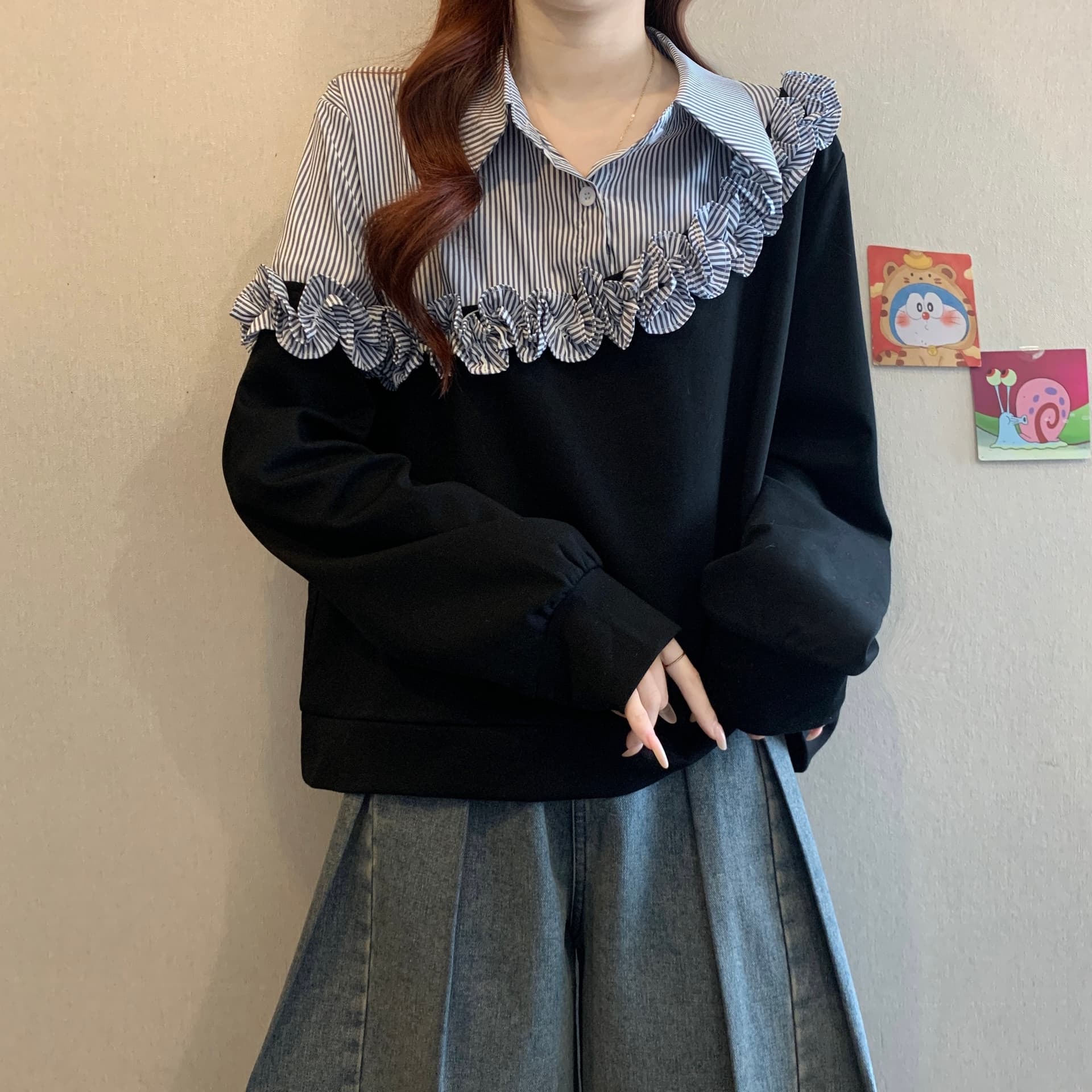 페이크 레이어드 스트라이프 셔츠 패치워크 후드티 여성 봄 빅 사이즈 지방 mm 디자인 센스 3 차원 꽃 POLO 칼라 맨위 상세 이미지 12
