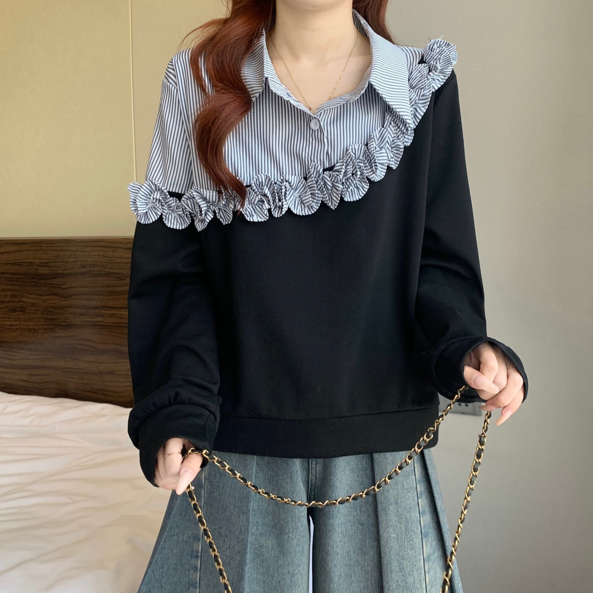 페이크 레이어드 스트라이프 셔츠 패치워크 후드티 여성 봄 빅 사이즈 지방 mm 디자인 센스 3 차원 꽃 POLO 칼라 맨위 상세 이미지 19