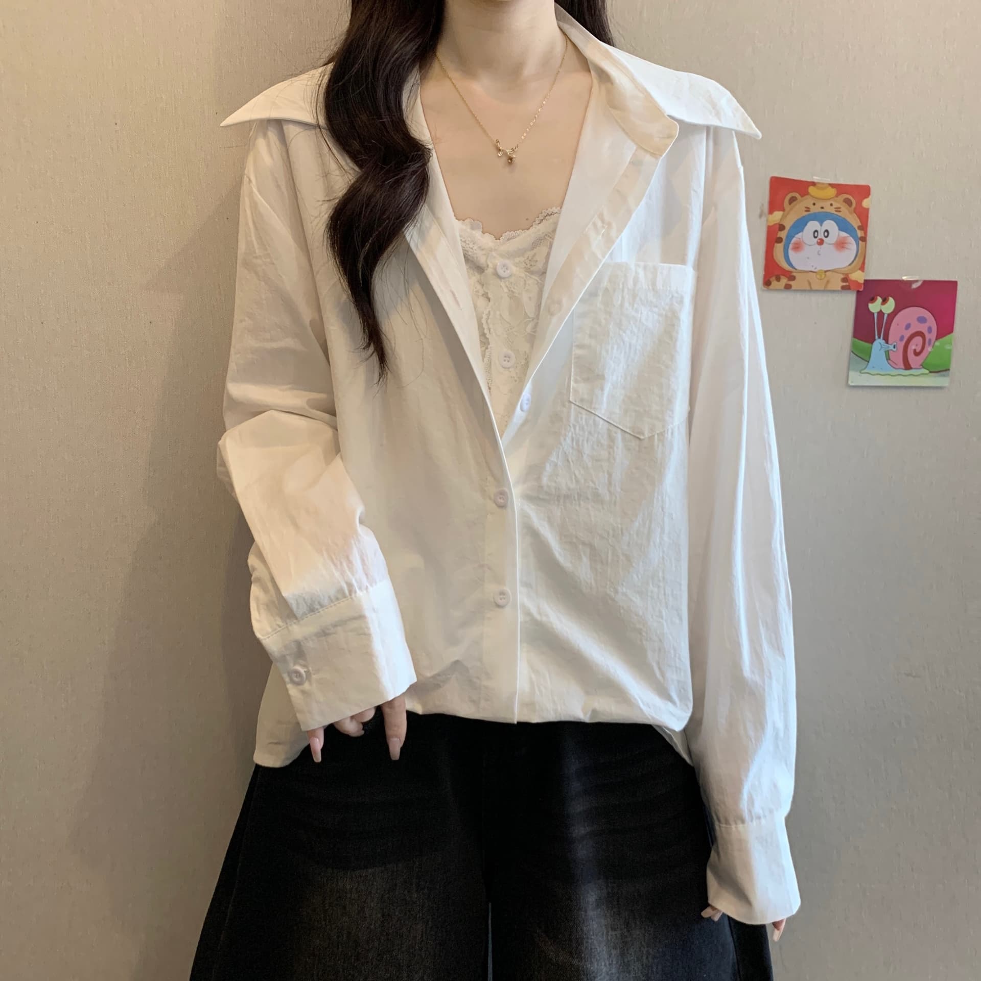 검정색 페이크 레이어드 레이스 측면 V넥 여성 셔츠 2026 새로운 이른 봄 빅 사이즈 지방 mm 슬림해 보이는 불규칙 맨위 이미지 4