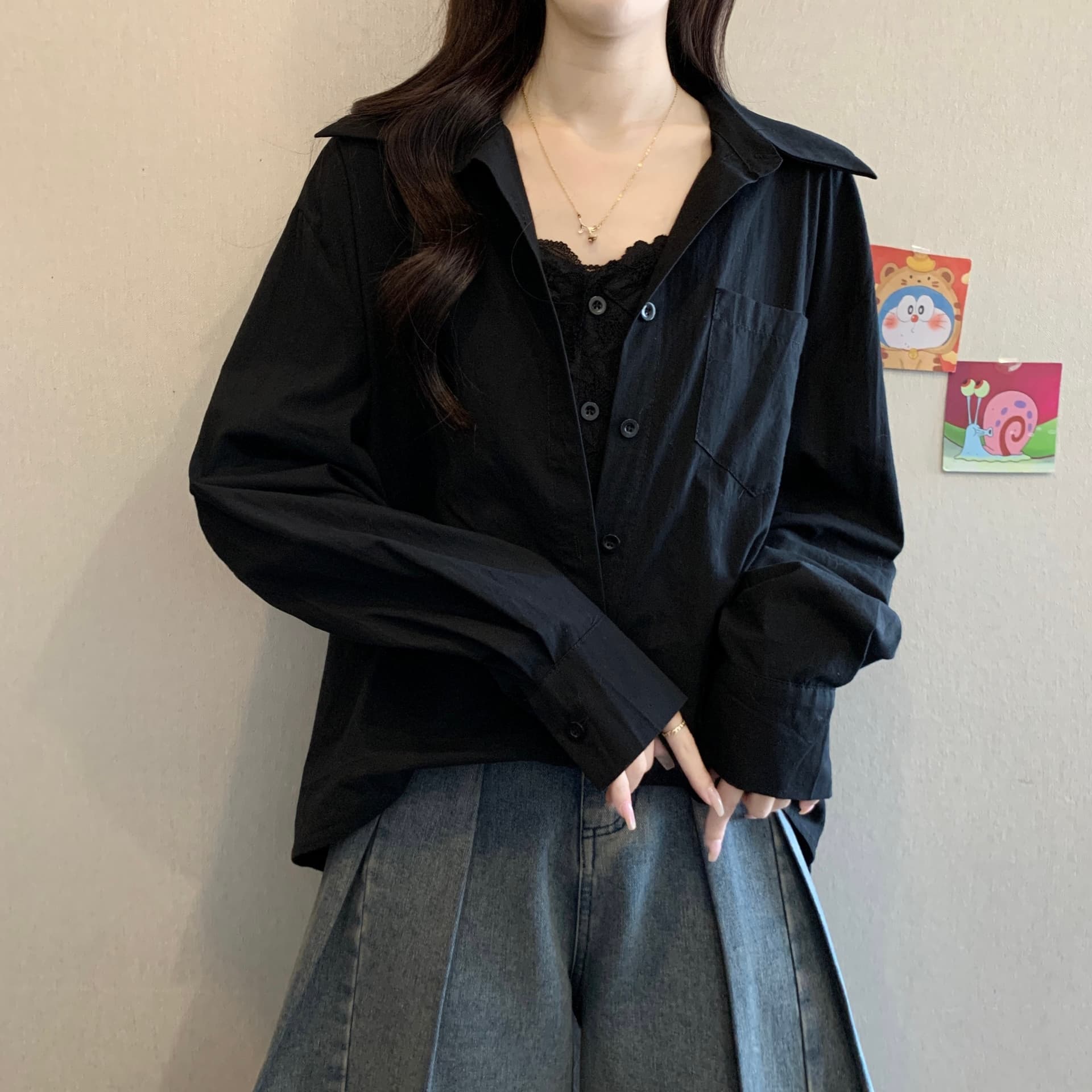 검정색 페이크 레이어드 레이스 측면 V넥 여성 셔츠 2026 새로운 이른 봄 빅 사이즈 지방 mm 슬림해 보이는 불규칙 맨위 상세 이미지 13
