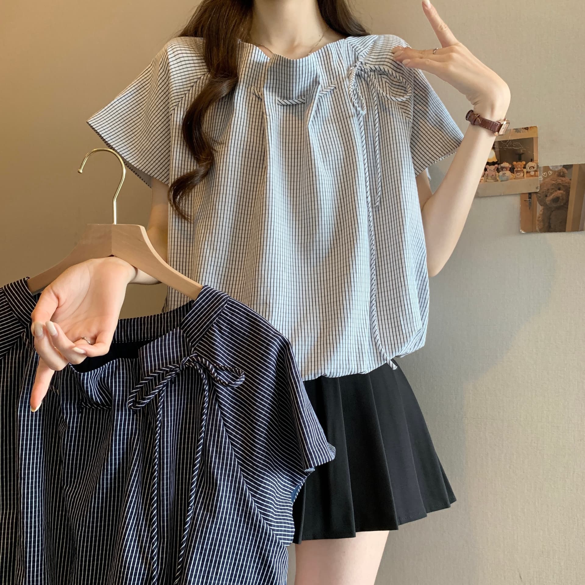 프랑스식 디자인 센스 블루 색상 스트라이프 반팔 여성 셔츠 여름 지방 mm 표지 배 슬림해 보이는 쇼트 스타일 맨위 이미지 3