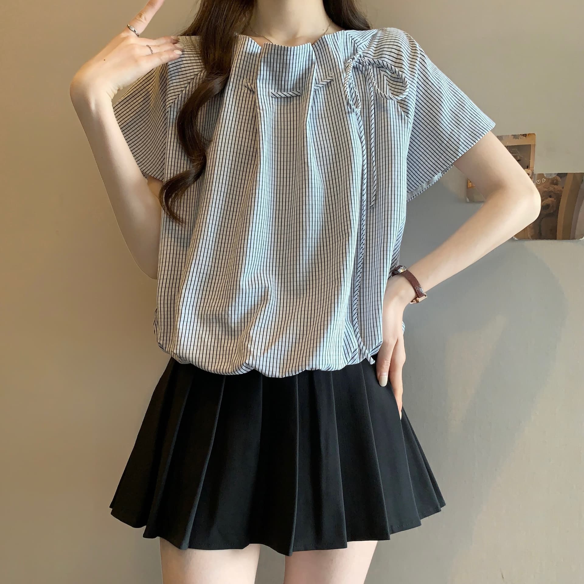 프랑스식 디자인 센스 블루 색상 스트라이프 반팔 여성 셔츠 여름 지방 mm 표지 배 슬림해 보이는 쇼트 스타일 맨위 상세 이미지 3