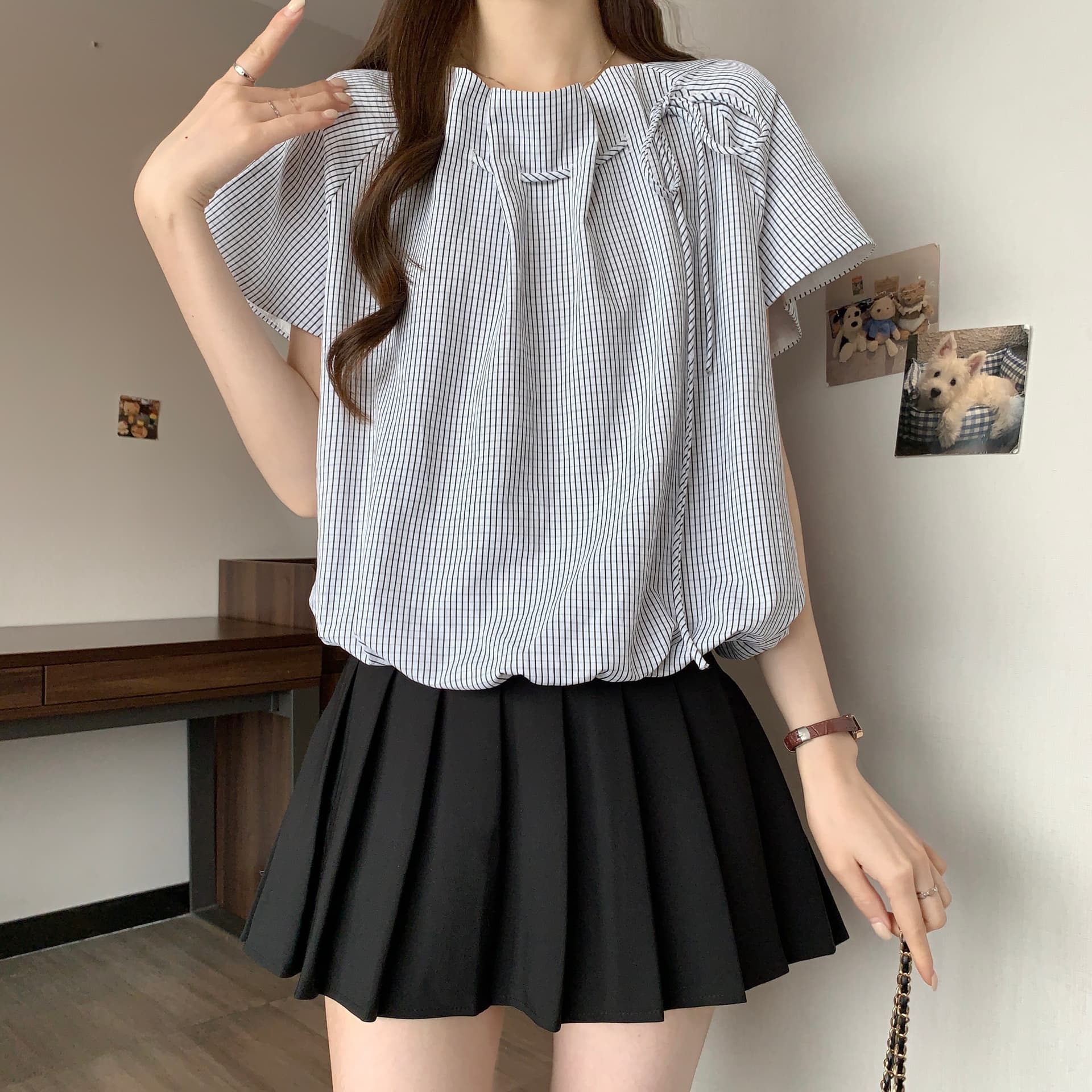 프랑스식 디자인 센스 블루 색상 스트라이프 반팔 여성 셔츠 여름 지방 mm 표지 배 슬림해 보이는 쇼트 스타일 맨위 상세 이미지 9