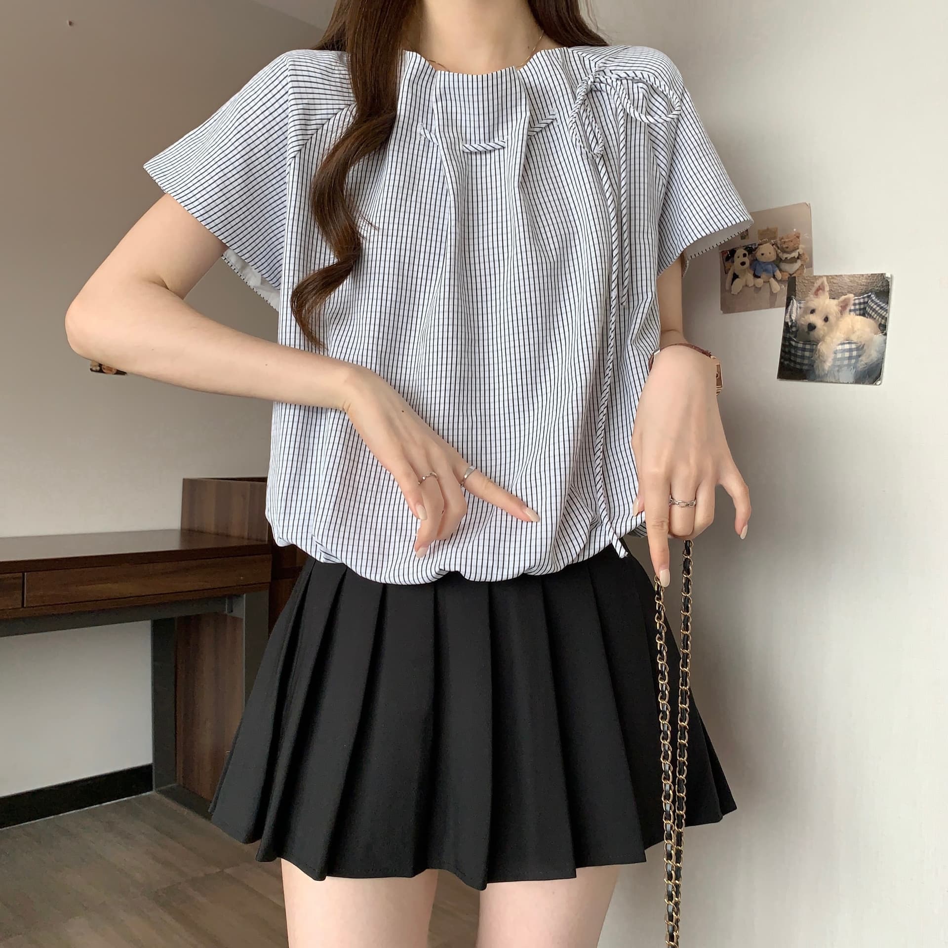 프랑스식 디자인 센스 블루 색상 스트라이프 반팔 여성 셔츠 여름 지방 mm 표지 배 슬림해 보이는 쇼트 스타일 맨위 상세 이미지 10