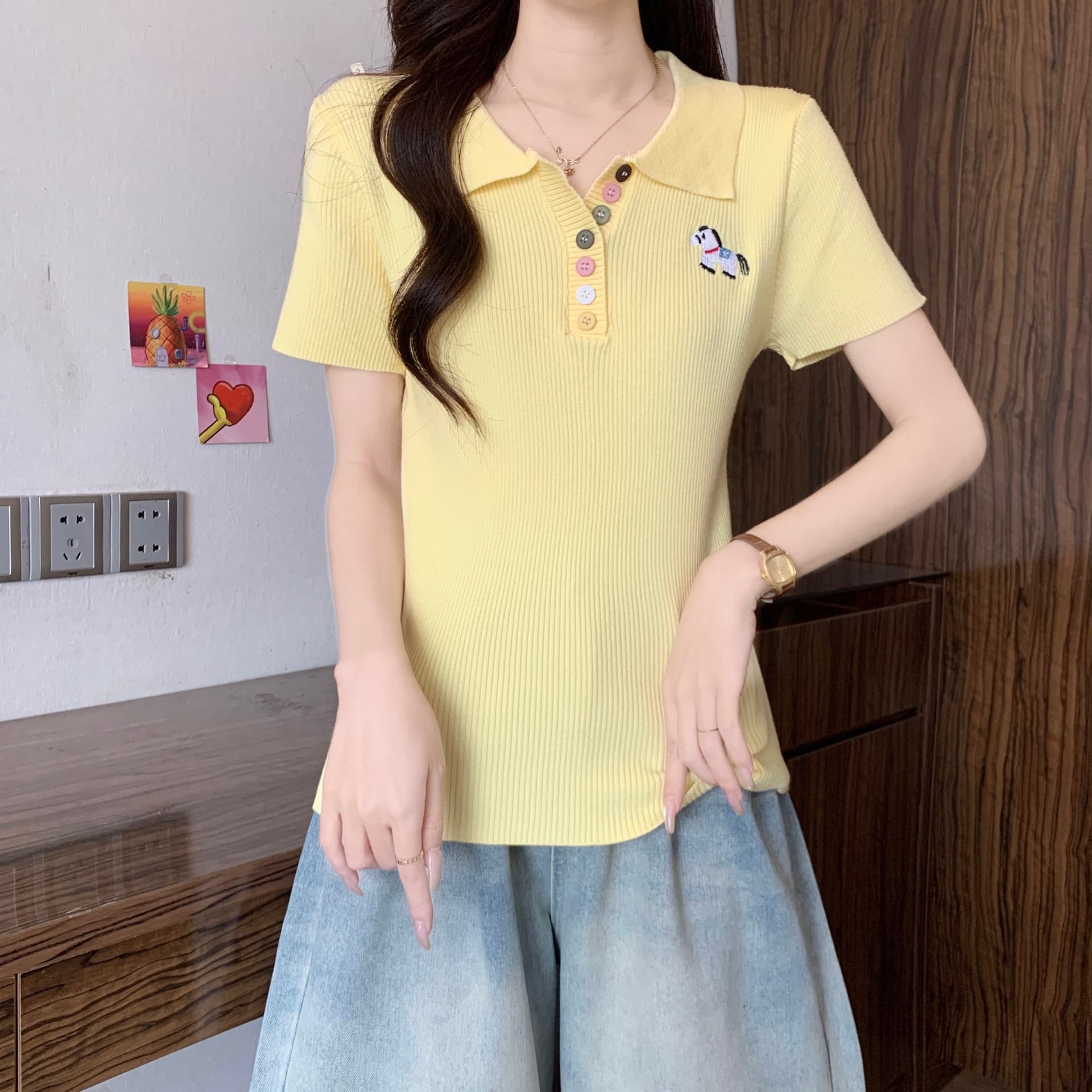 빅 사이즈 여성 의류 POLO 칼라 얼음 실크 니트 맨위 여성 여름 연령 감소 외국 가스 패션 맨위 자수 반팔 여성 상세 이미지 28