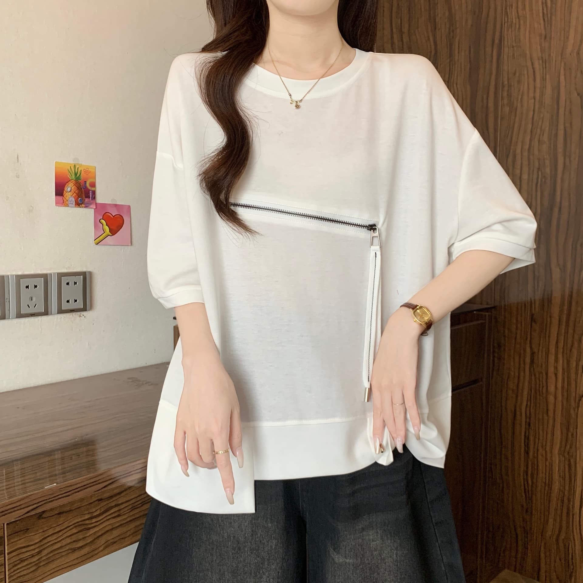 불규칙 반팔 티셔츠 여성 여름 반소매 2026 새로운 외국 가스 유럽 상품 빅 사이즈 지방 mm 루즈핏 표지 배 맨위 상세 이미지 7