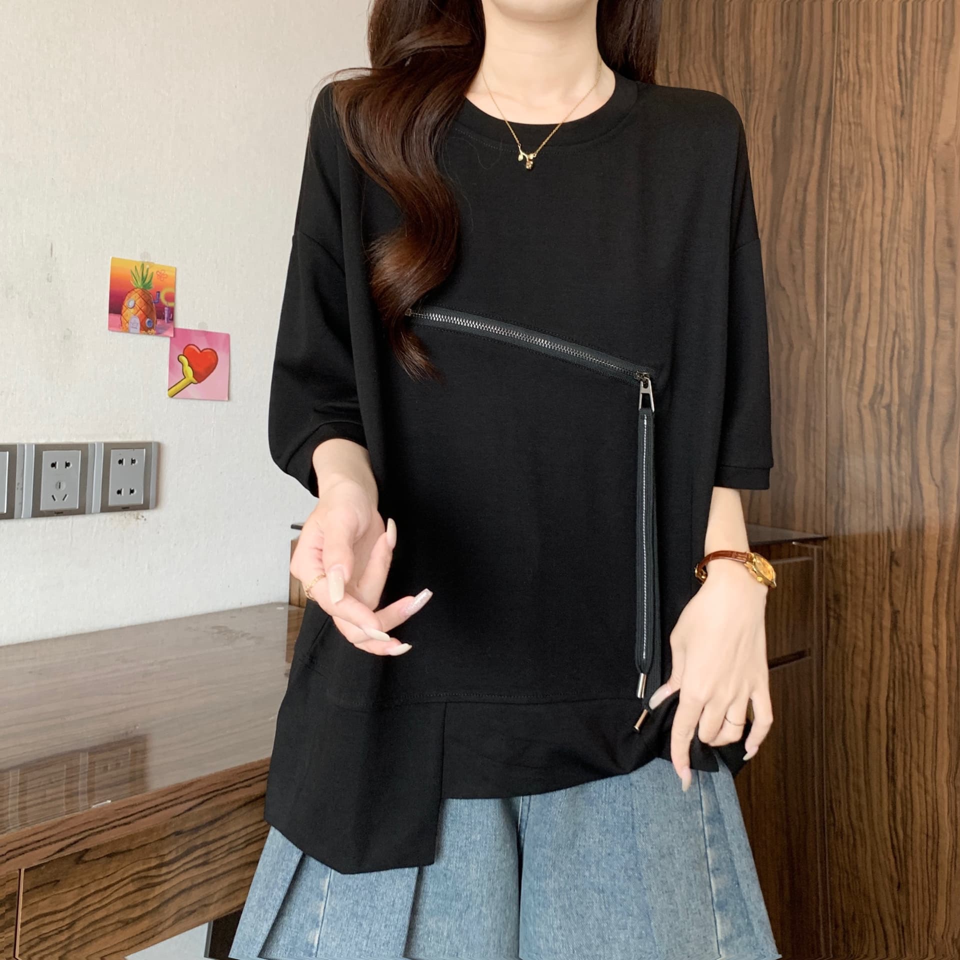 불규칙 반팔 티셔츠 여성 여름 반소매 2026 새로운 외국 가스 유럽 상품 빅 사이즈 지방 mm 루즈핏 표지 배 맨위 상세 이미지 16