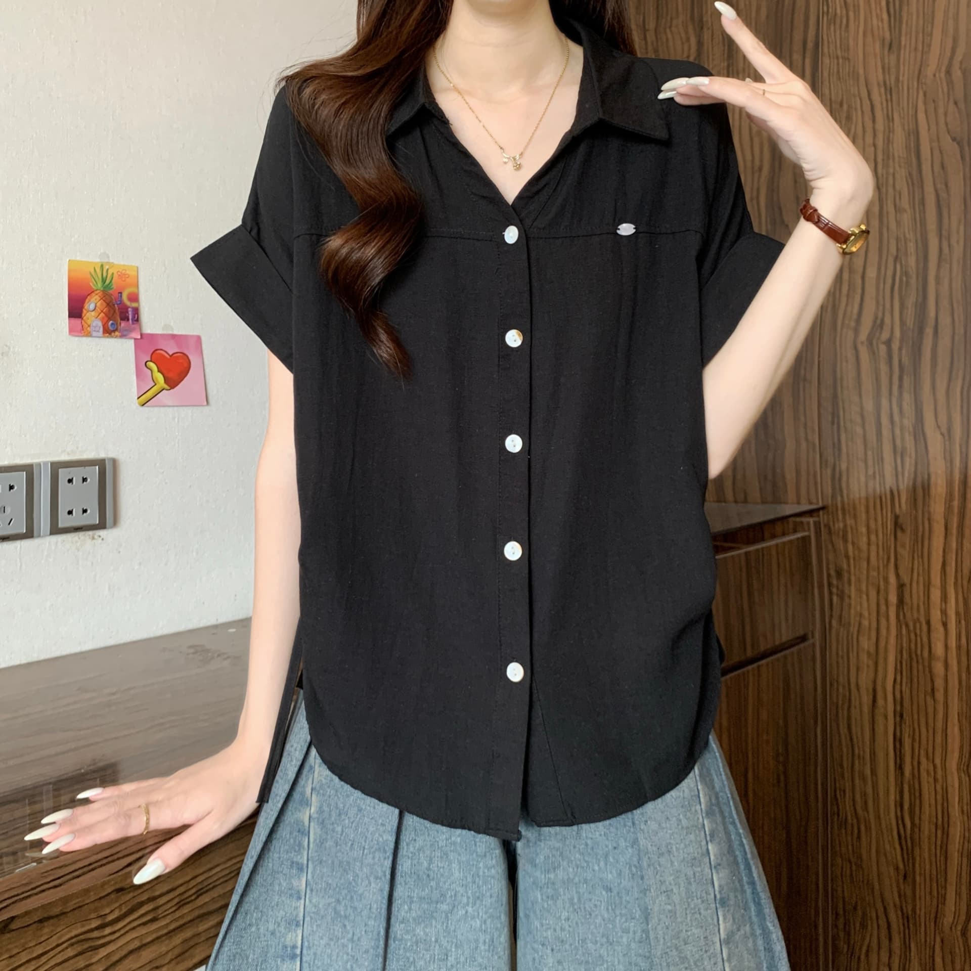 하늘색 긍정적 인 어깨 반팔 여성 셔츠 2026 새로운 여름 빅 사이즈 지방 mm 슬림해 보이는 고유 한 아름다운 펌프 로프 맨위 상세 이미지 3