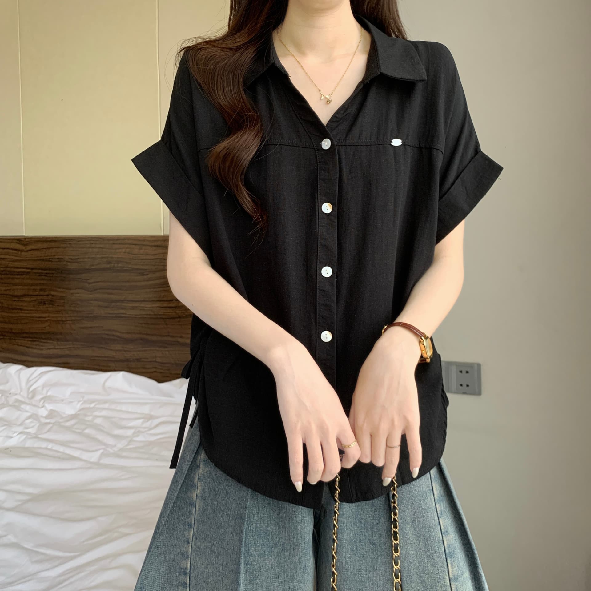 하늘색 긍정적 인 어깨 반팔 여성 셔츠 2026 새로운 여름 빅 사이즈 지방 mm 슬림해 보이는 고유 한 아름다운 펌프 로프 맨위 상세 이미지 7