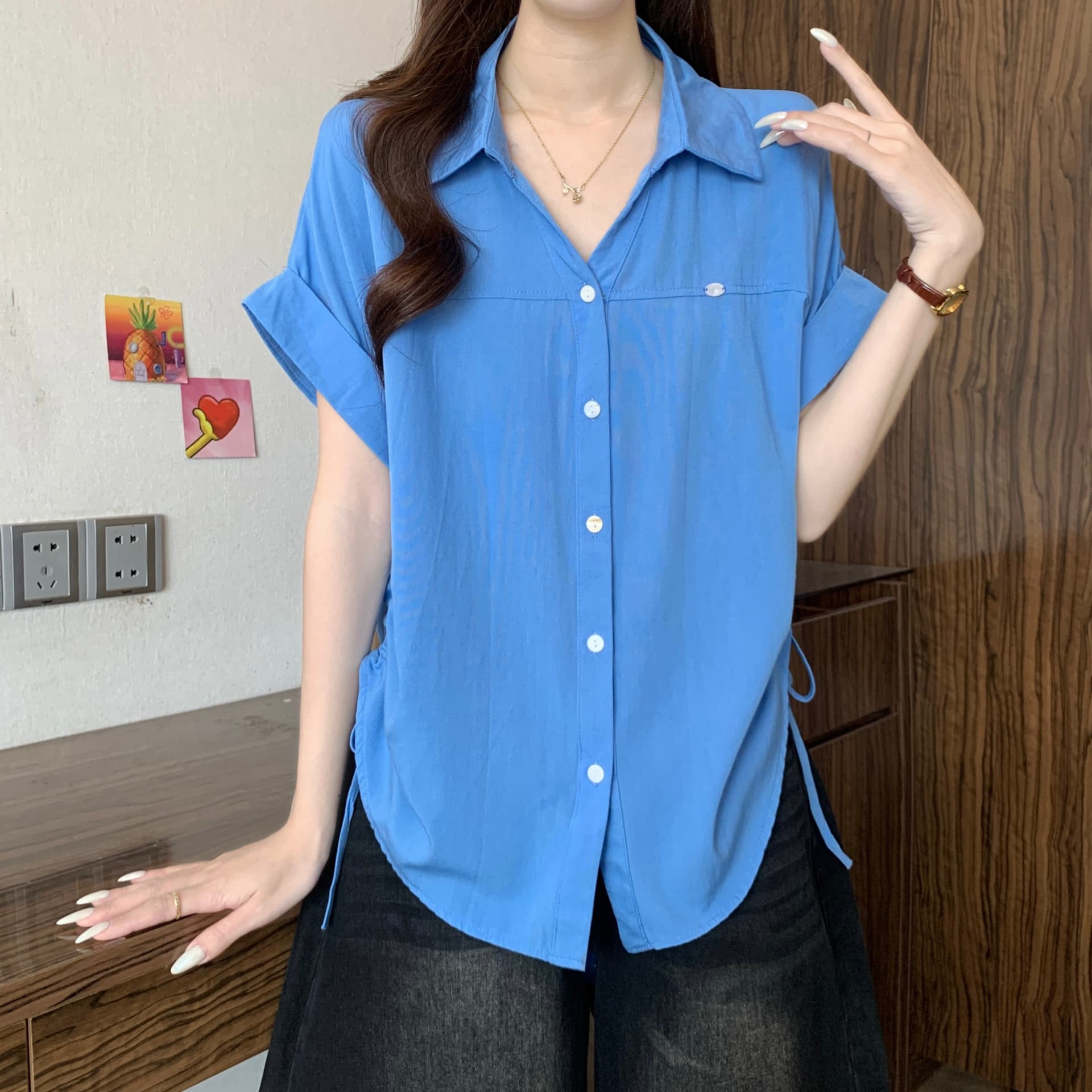 하늘색 긍정적 인 어깨 반팔 여성 셔츠 2026 새로운 여름 빅 사이즈 지방 mm 슬림해 보이는 고유 한 아름다운 펌프 로프 맨위 상세 이미지 15