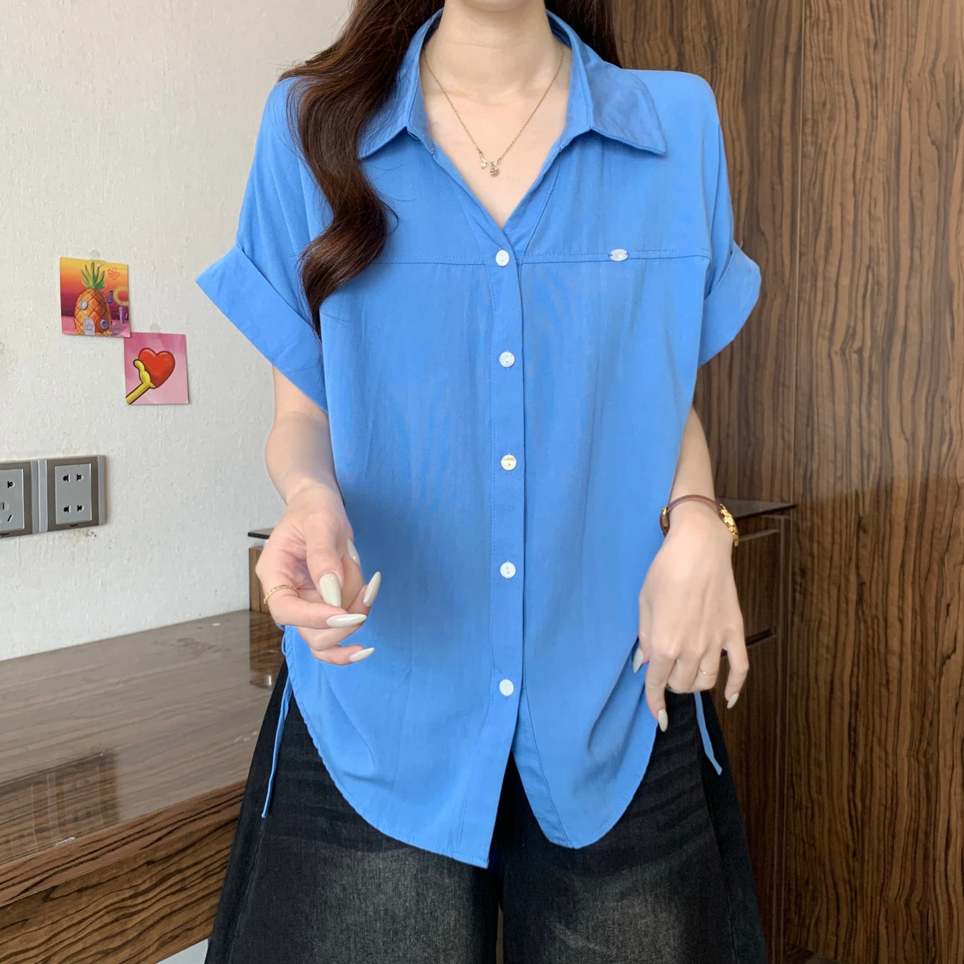 하늘색 긍정적 인 어깨 반팔 여성 셔츠 2026 새로운 여름 빅 사이즈 지방 mm 슬림해 보이는 고유 한 아름다운 펌프 로프 맨위 상세 이미지 17