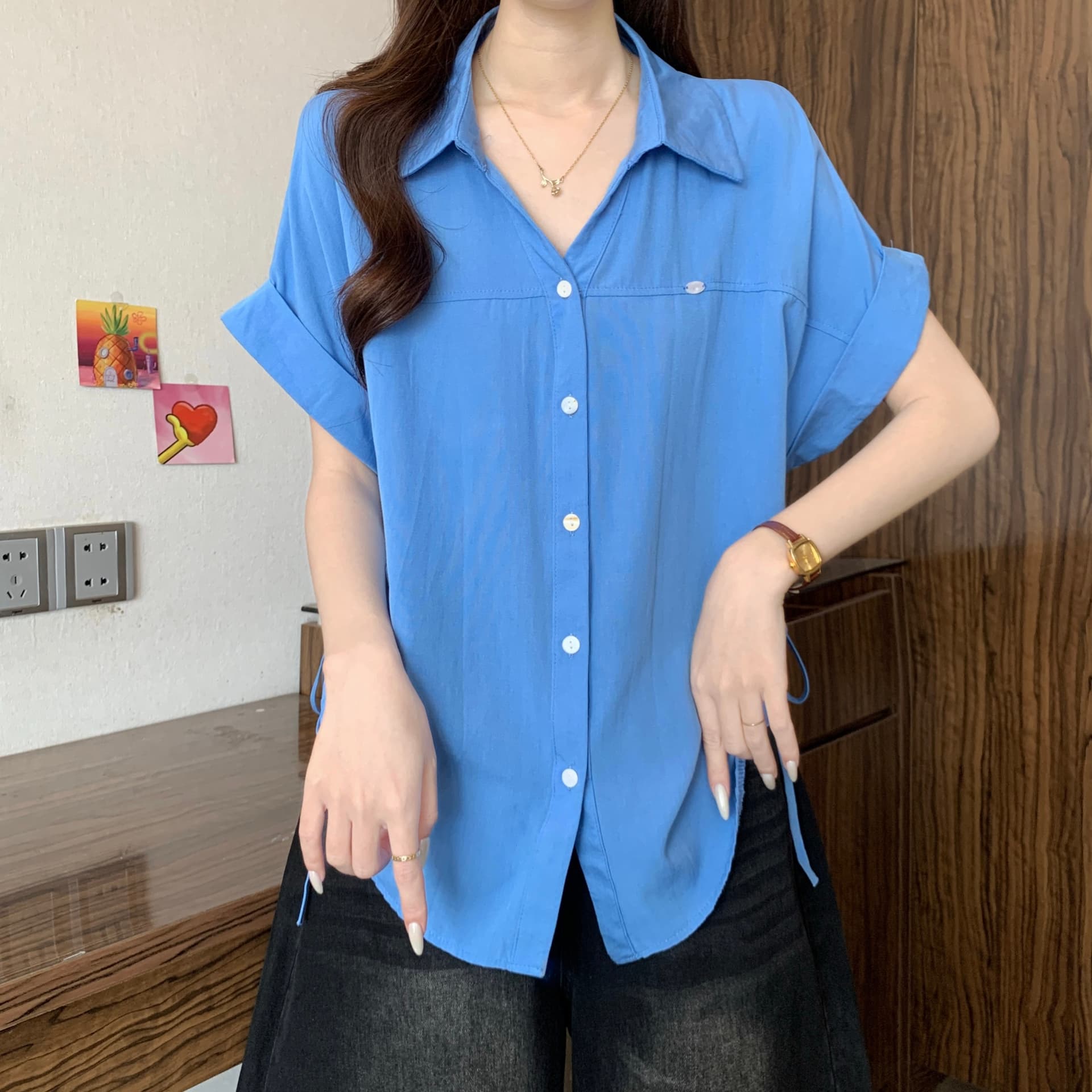 하늘색 긍정적 인 어깨 반팔 여성 셔츠 2026 새로운 여름 빅 사이즈 지방 mm 슬림해 보이는 고유 한 아름다운 펌프 로프 맨위 상세 이미지 18