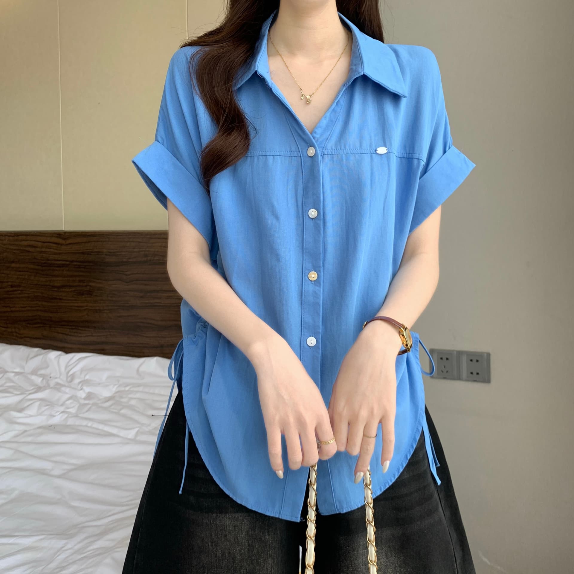 하늘색 긍정적 인 어깨 반팔 여성 셔츠 2026 새로운 여름 빅 사이즈 지방 mm 슬림해 보이는 고유 한 아름다운 펌프 로프 맨위 상세 이미지 20