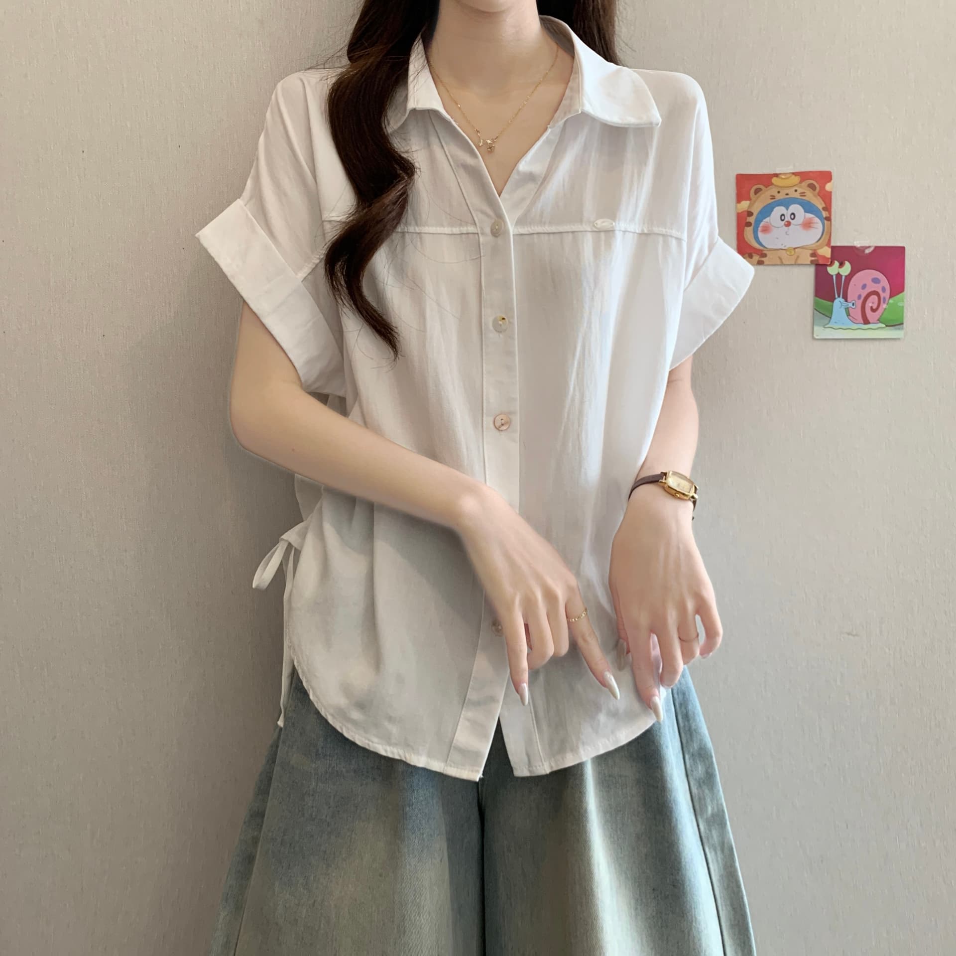 하늘색 긍정적 인 어깨 반팔 여성 셔츠 2026 새로운 여름 빅 사이즈 지방 mm 슬림해 보이는 고유 한 아름다운 펌프 로프 맨위 상세 이미지 24