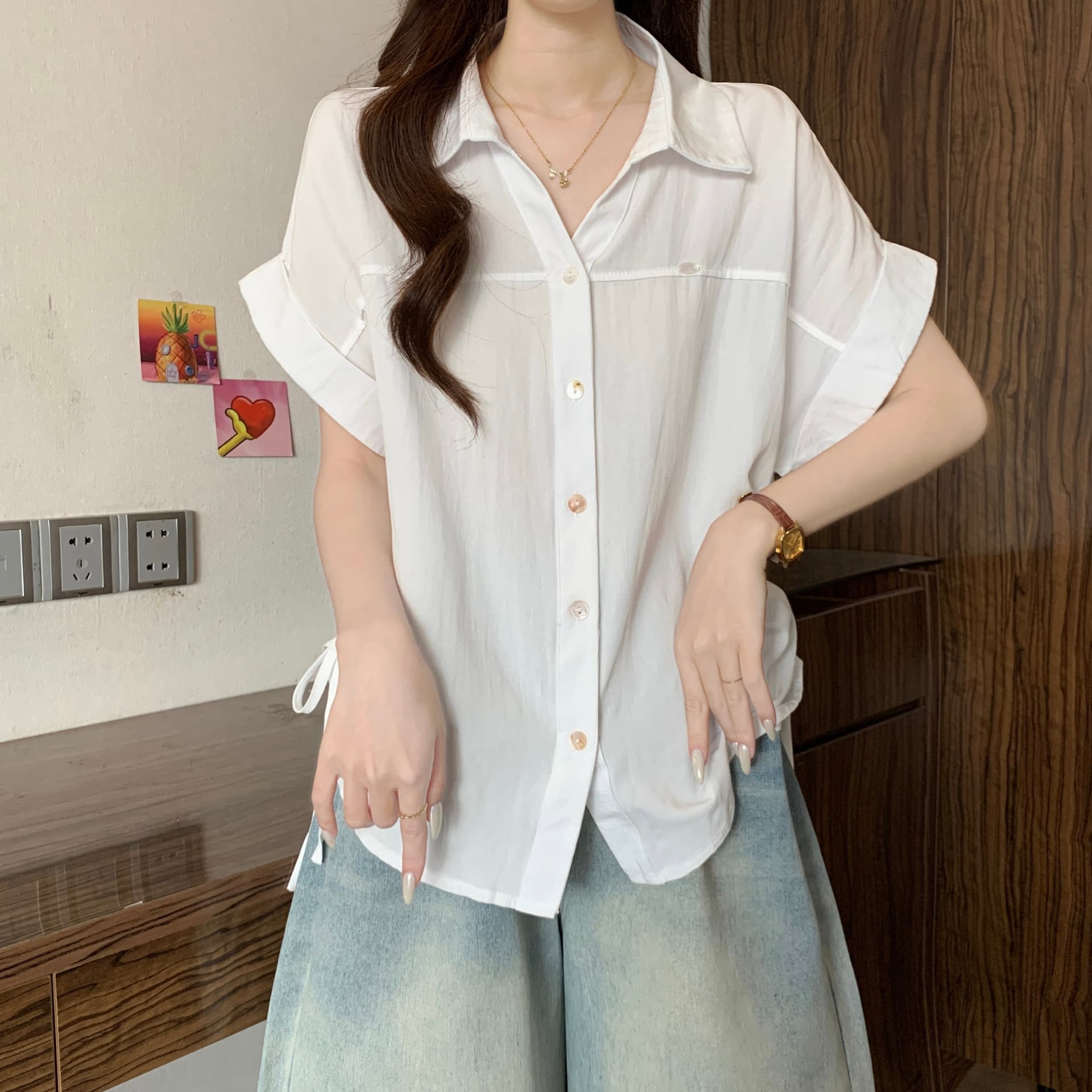 하늘색 긍정적 인 어깨 반팔 여성 셔츠 2026 새로운 여름 빅 사이즈 지방 mm 슬림해 보이는 고유 한 아름다운 펌프 로프 맨위 상세 이미지 26
