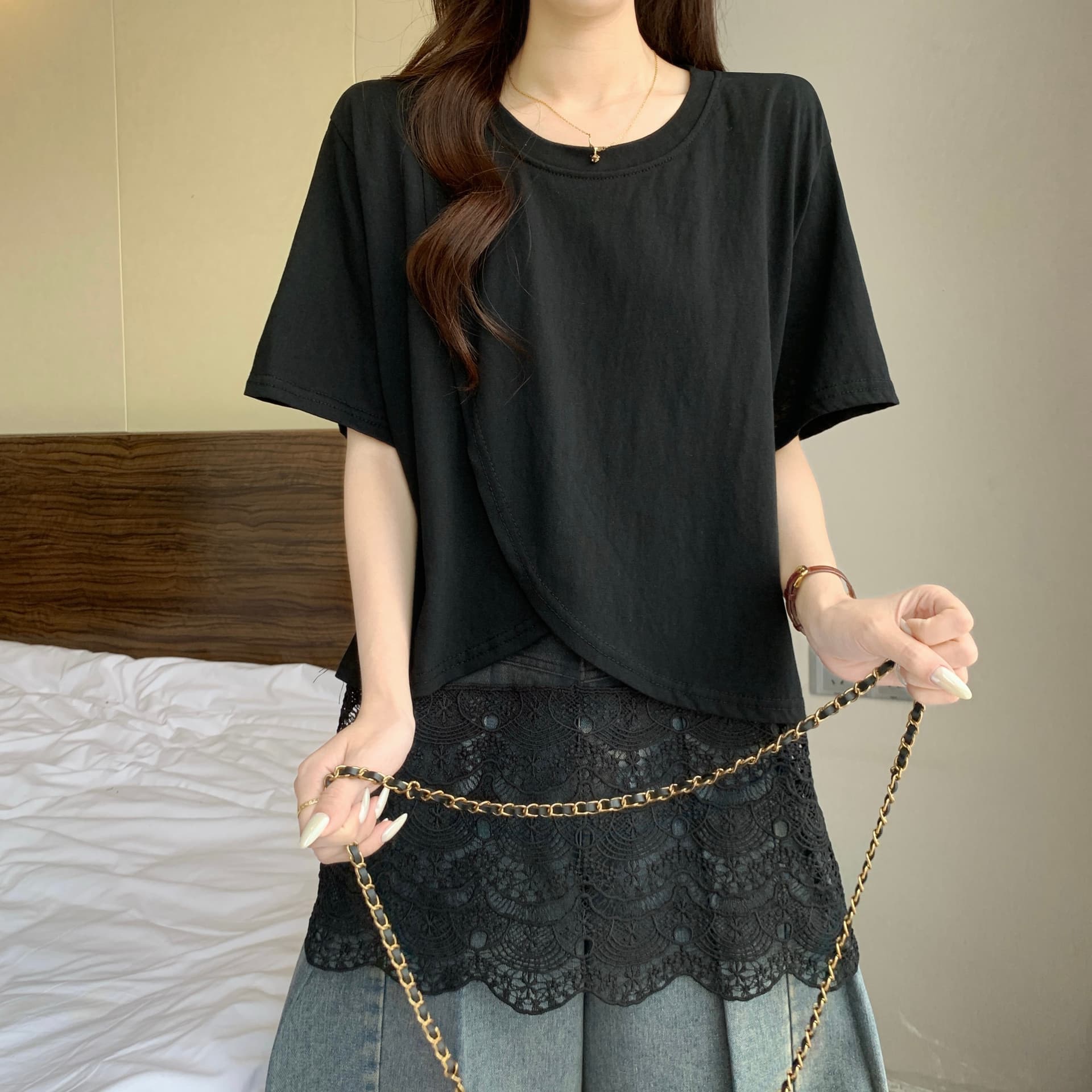레이스 자수 홀로우 아웃 언더 바르게 되다 어깨 반팔 티셔츠 여성 2026 여름 새로운 빅 사이즈 지방 mm 중간 길이 맨위 상세 이미지 10