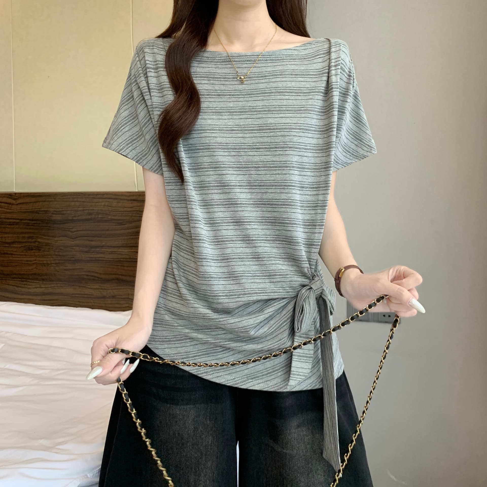 한 부서 스트라이프 오프숄더 반팔 티셔츠 여성 여름 빅 사이즈 지방 mm 슬림해 보이는 표지 배 불규칙 레이스업 허리 수축 맨위 상세 이미지 8