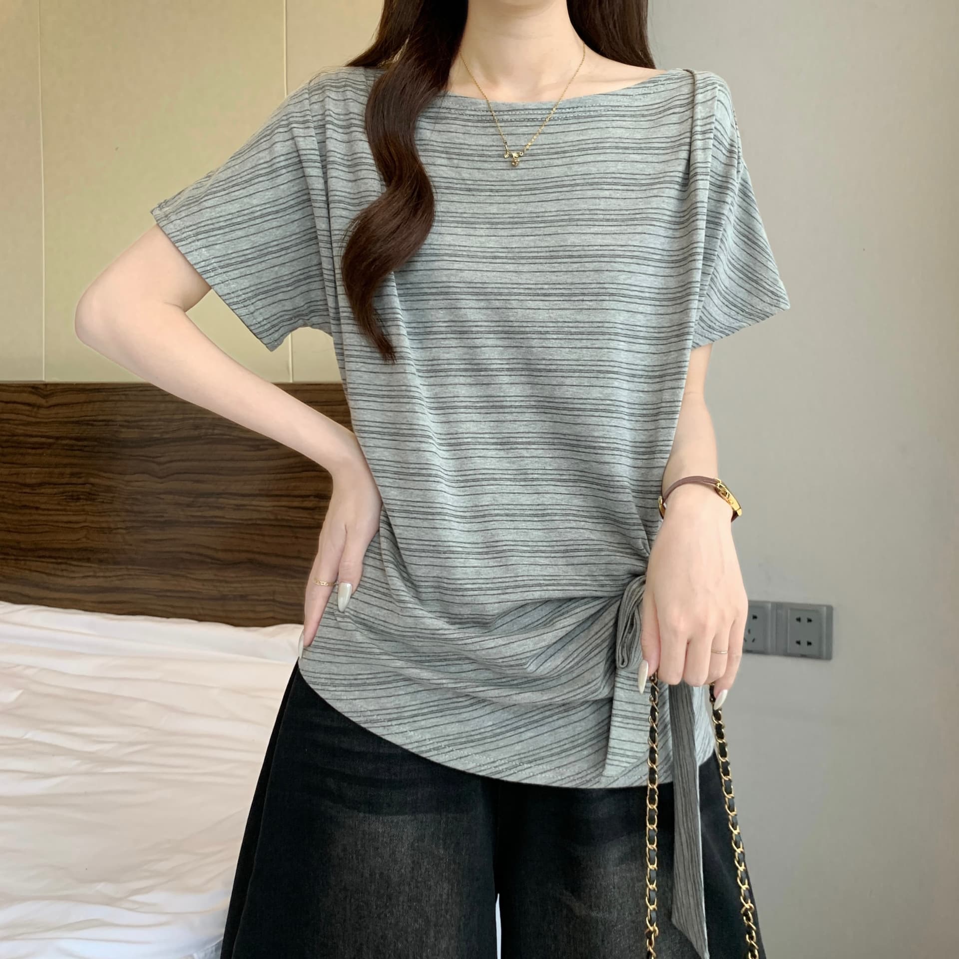 한 부서 스트라이프 오프숄더 반팔 티셔츠 여성 여름 빅 사이즈 지방 mm 슬림해 보이는 표지 배 불규칙 레이스업 허리 수축 맨위 상세 이미지 10