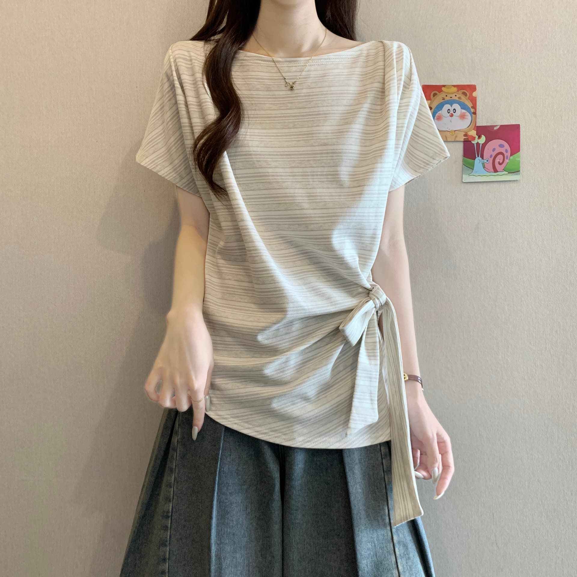 한 부서 스트라이프 오프숄더 반팔 티셔츠 여성 여름 빅 사이즈 지방 mm 슬림해 보이는 표지 배 불규칙 레이스업 허리 수축 맨위 상세 이미지 12
