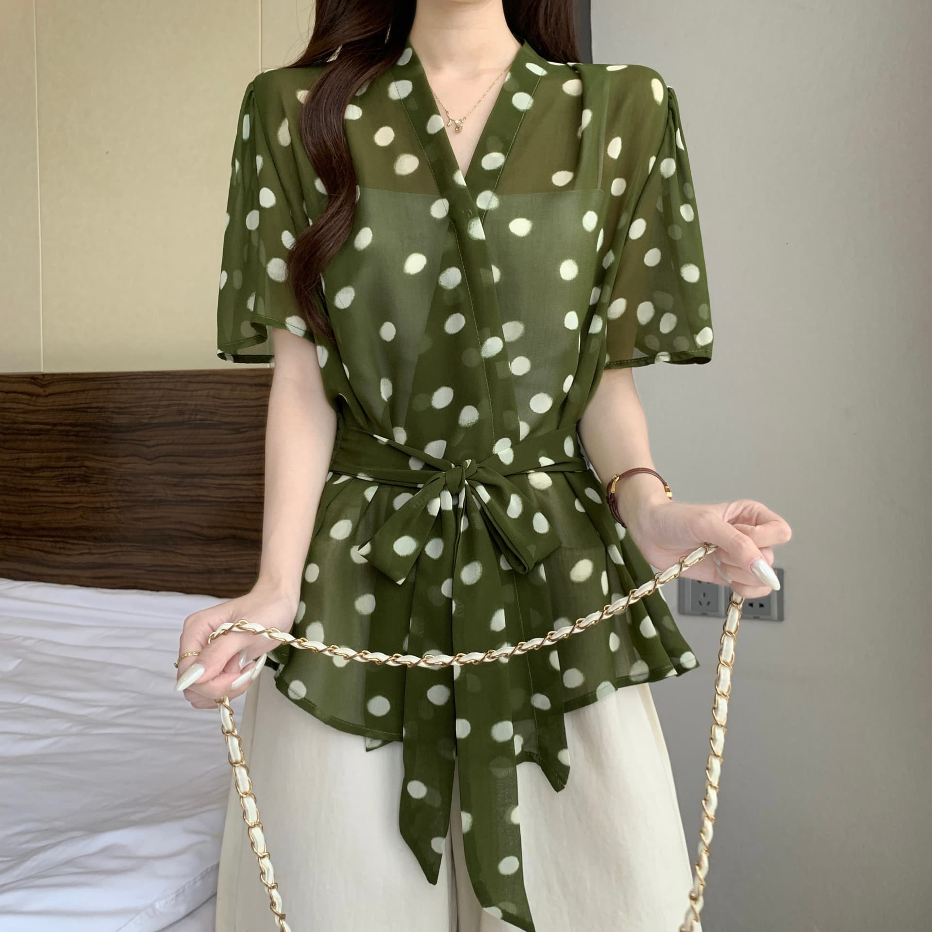 빅 사이즈 여성 의류 레오파드 무늬 프린트 V넥 여성 셔츠 여름 지방 mm 디자인 센스 허리 수축 레이스업 슬림해 보이는 맨위 트렌디 상세 이미지 18