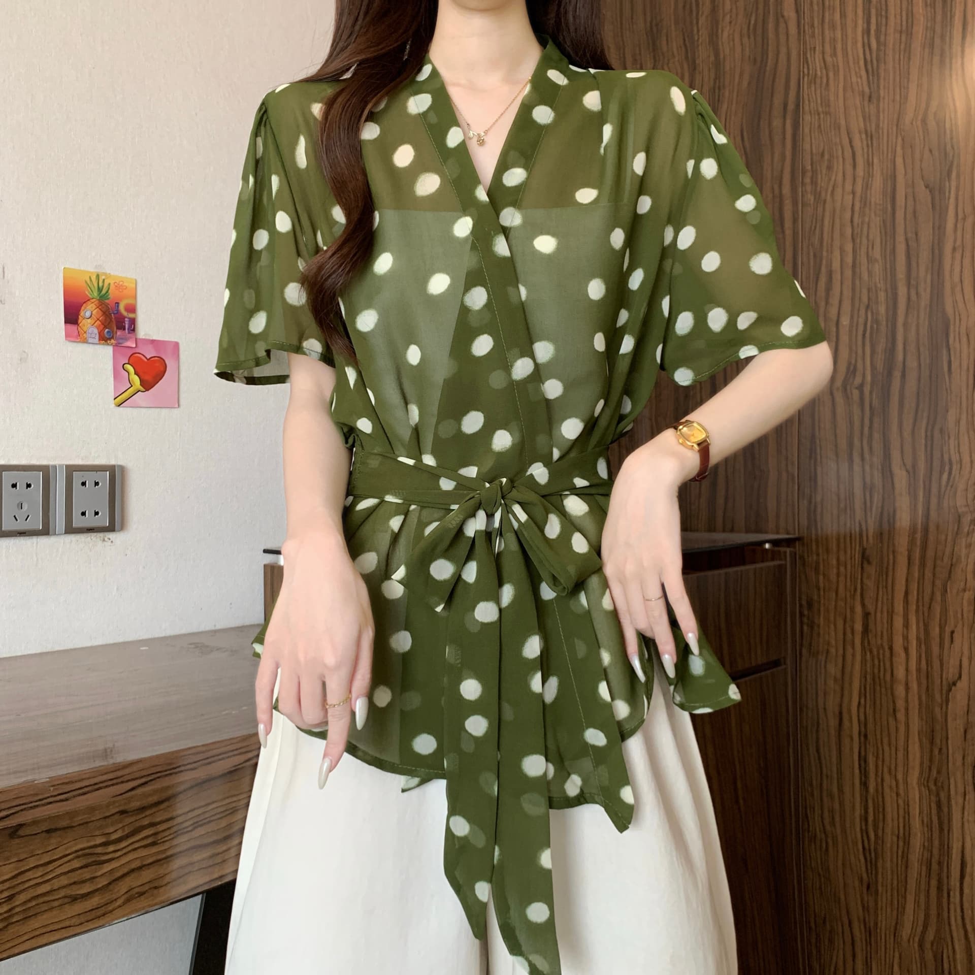 빅 사이즈 여성 의류 레오파드 무늬 프린트 V넥 여성 셔츠 여름 지방 mm 디자인 센스 허리 수축 레이스업 슬림해 보이는 맨위 트렌디 상세 이미지 19
